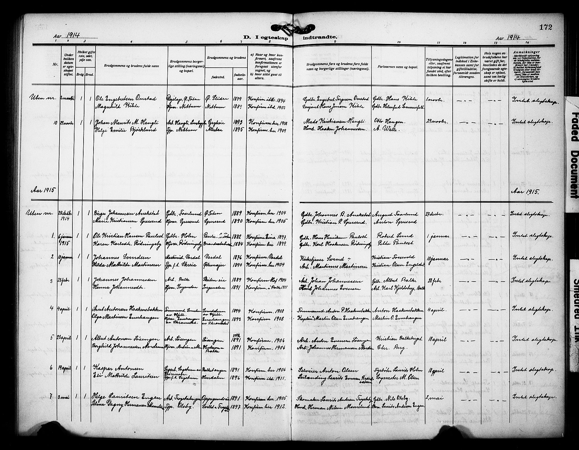 Østre Toten prestekontor, SAH/PREST-104/H/Ha/Hab/L0008: Parish register (copy) no. 8, 1913-1929, p. 172