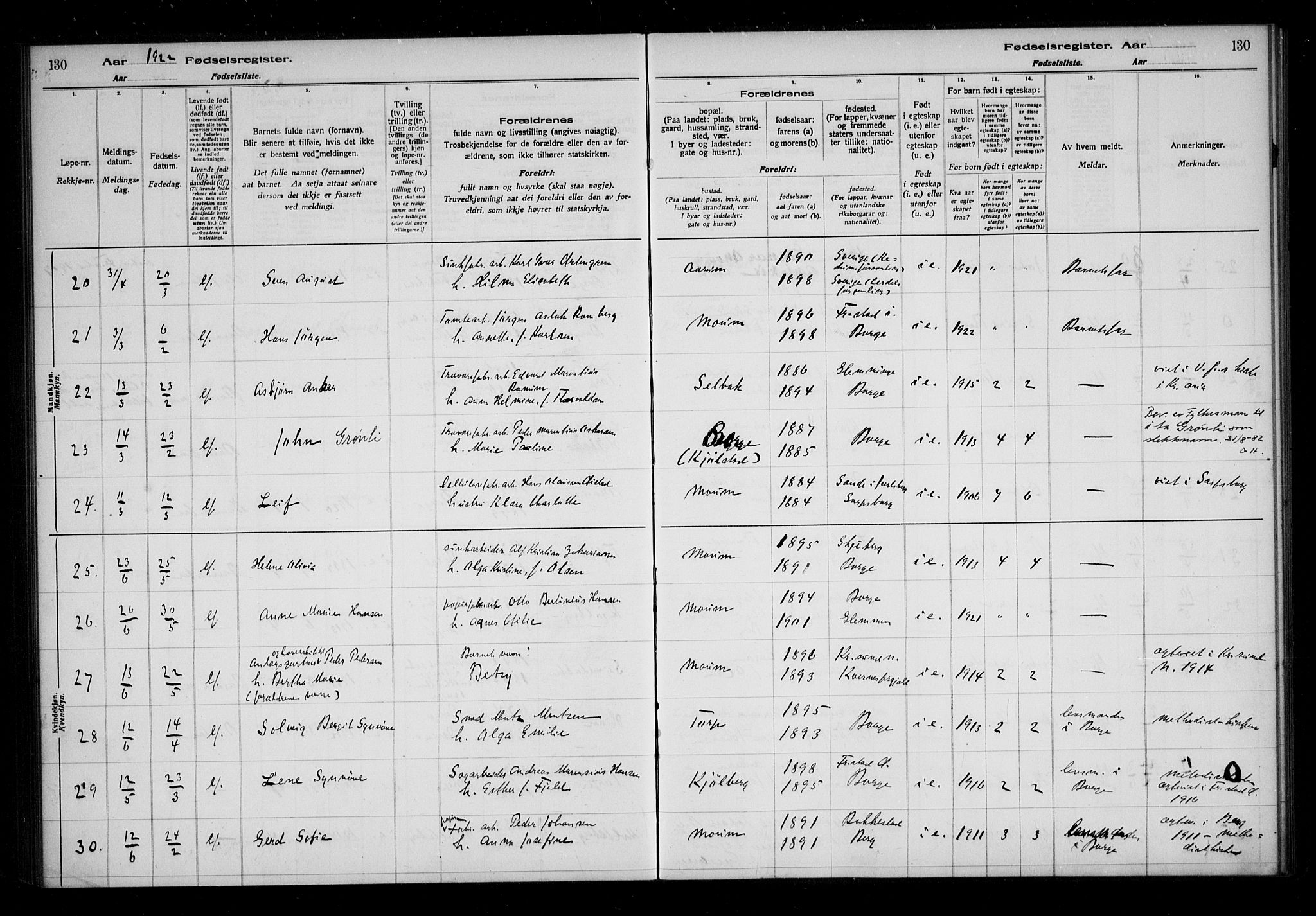 Borge prestekontor Kirkebøker, AV/SAO-A-10903/J/Ja/L0001: Birth register no. I 1, 1916-1925, p. 130