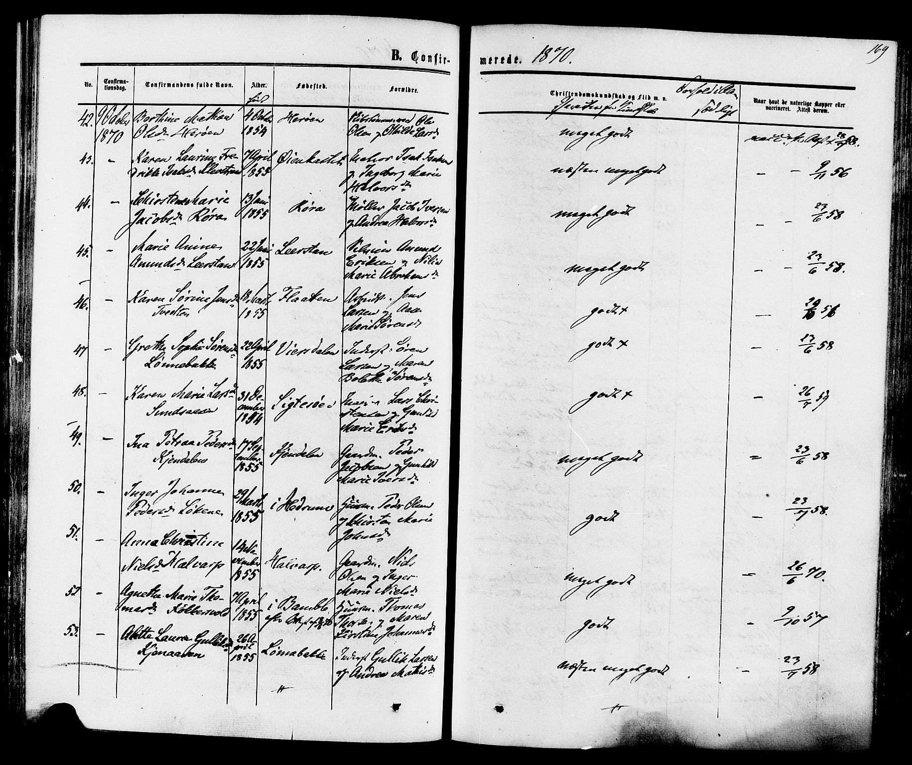 Eidanger kirkebøker, AV/SAKO-A-261/F/Fa/L0010: Parish register (official) no. 10, 1859-1874, p. 169