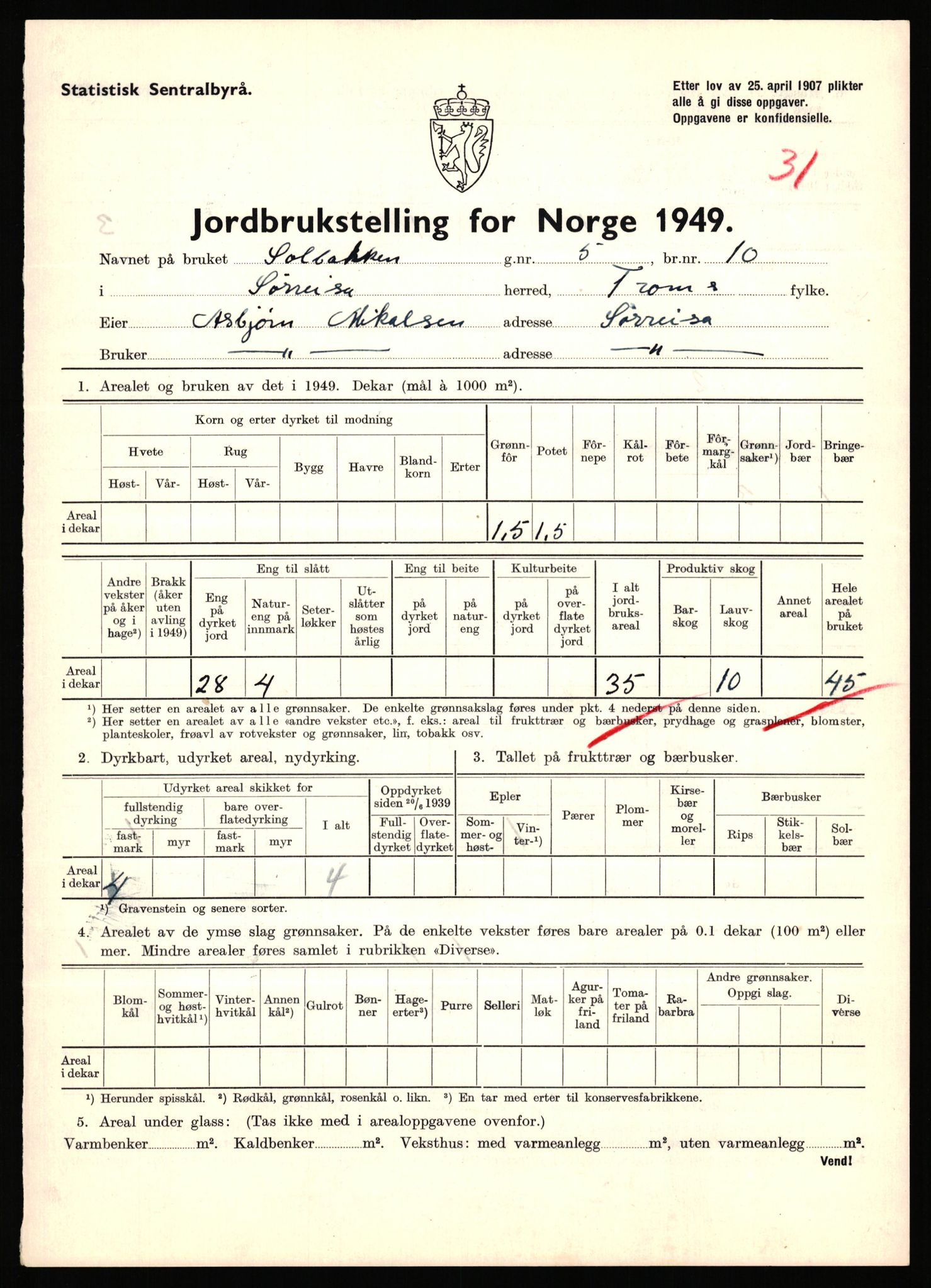 Statistisk sentralbyrå, Næringsøkonomiske emner, Jordbruk, skogbruk, jakt, fiske og fangst, AV/RA-S-2234/G/Gc/L0440: Troms: Sørreisa og Dyrøy, 1949, p. 308