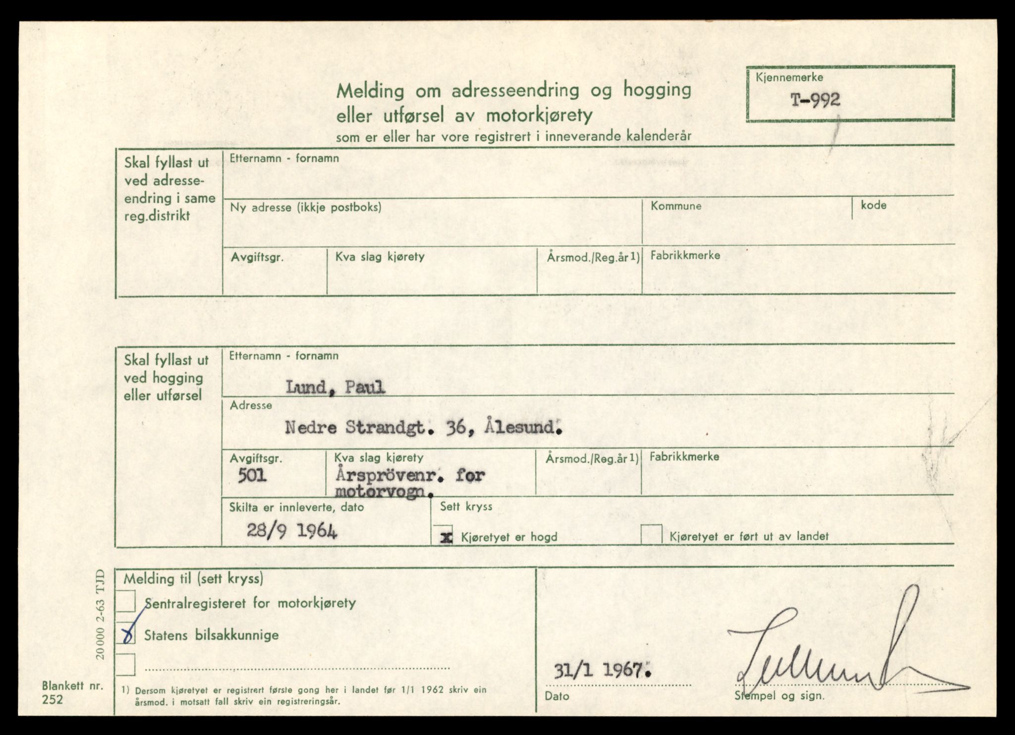 Møre og Romsdal vegkontor - Ålesund trafikkstasjon, SAT/A-4099/F/Fe/L0009: Registreringskort for kjøretøy T 896 - T 1049, 1927-1998, p. 1311