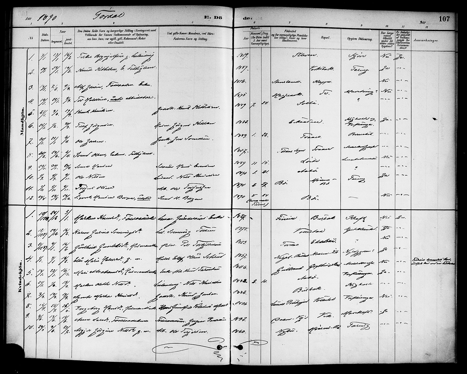 Drangedal kirkebøker, SAKO/A-258/F/Fa/L0011: Parish register (official) no. 11 /2, 1885-1894, p. 107