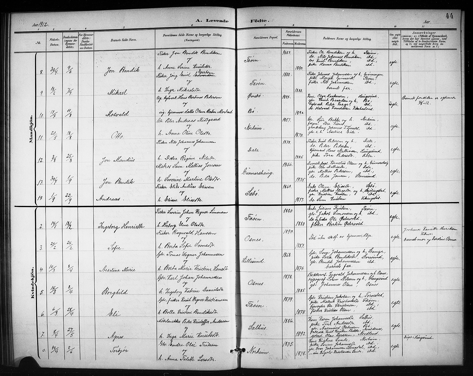 Torvastad sokneprestkontor, AV/SAST-A -101857/H/Ha/Hab/L0008: Parish register (copy) no. B 8, 1901-1924, p. 44