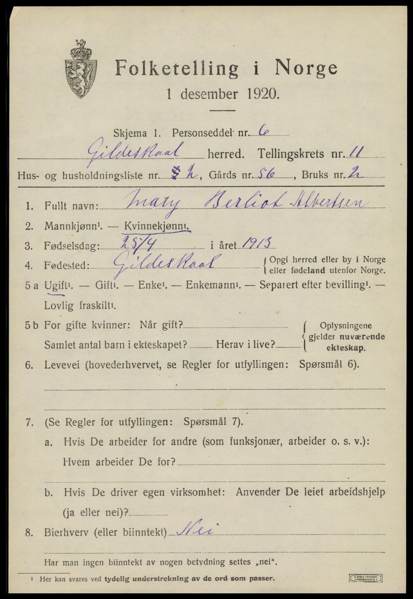 SAT, 1920 census for Gildeskål, 1920, p. 6836