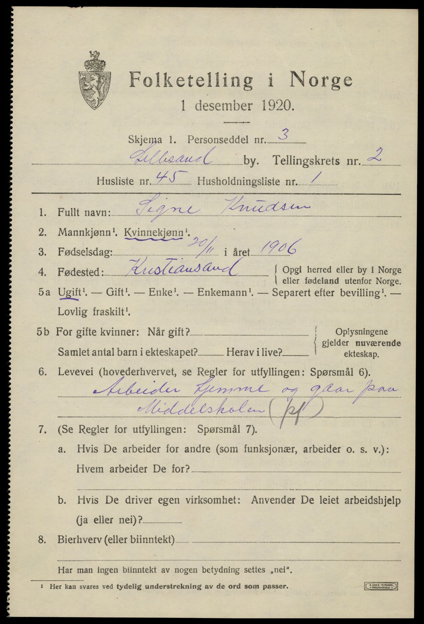 SAK, 1920 census for Lillesand, 1920, p. 2891