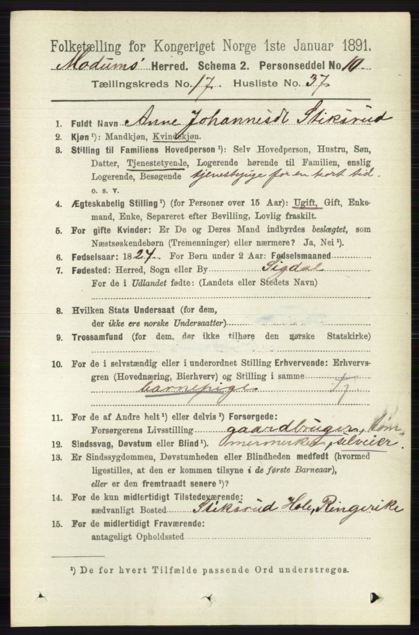 RA, 1891 census for 0623 Modum, 1891, p. 6827