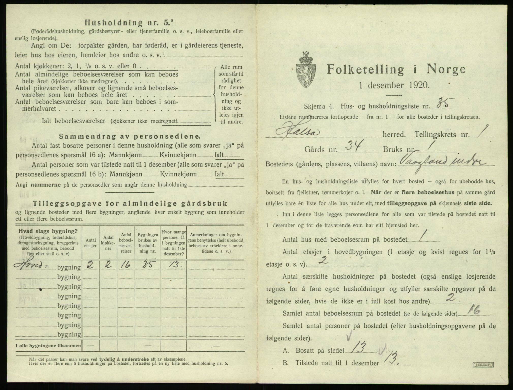 SAT, 1920 census for Halsa, 1920, p. 100