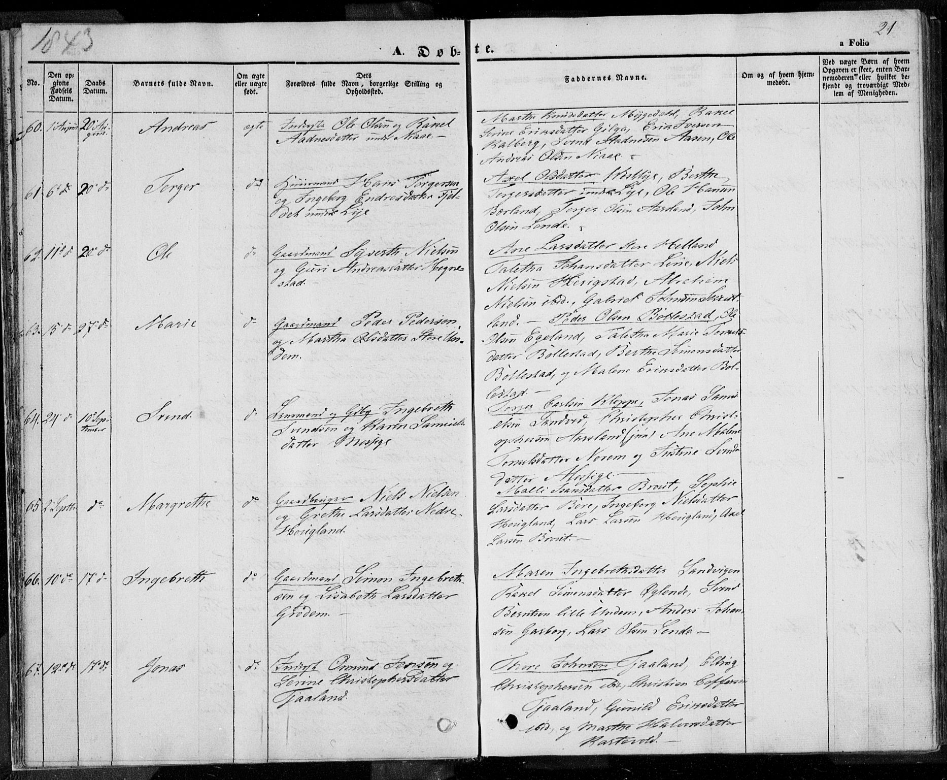 Lye sokneprestkontor, AV/SAST-A-101794/001/30BA/L0005: Parish register (official) no. A 5.1, 1842-1855, p. 21