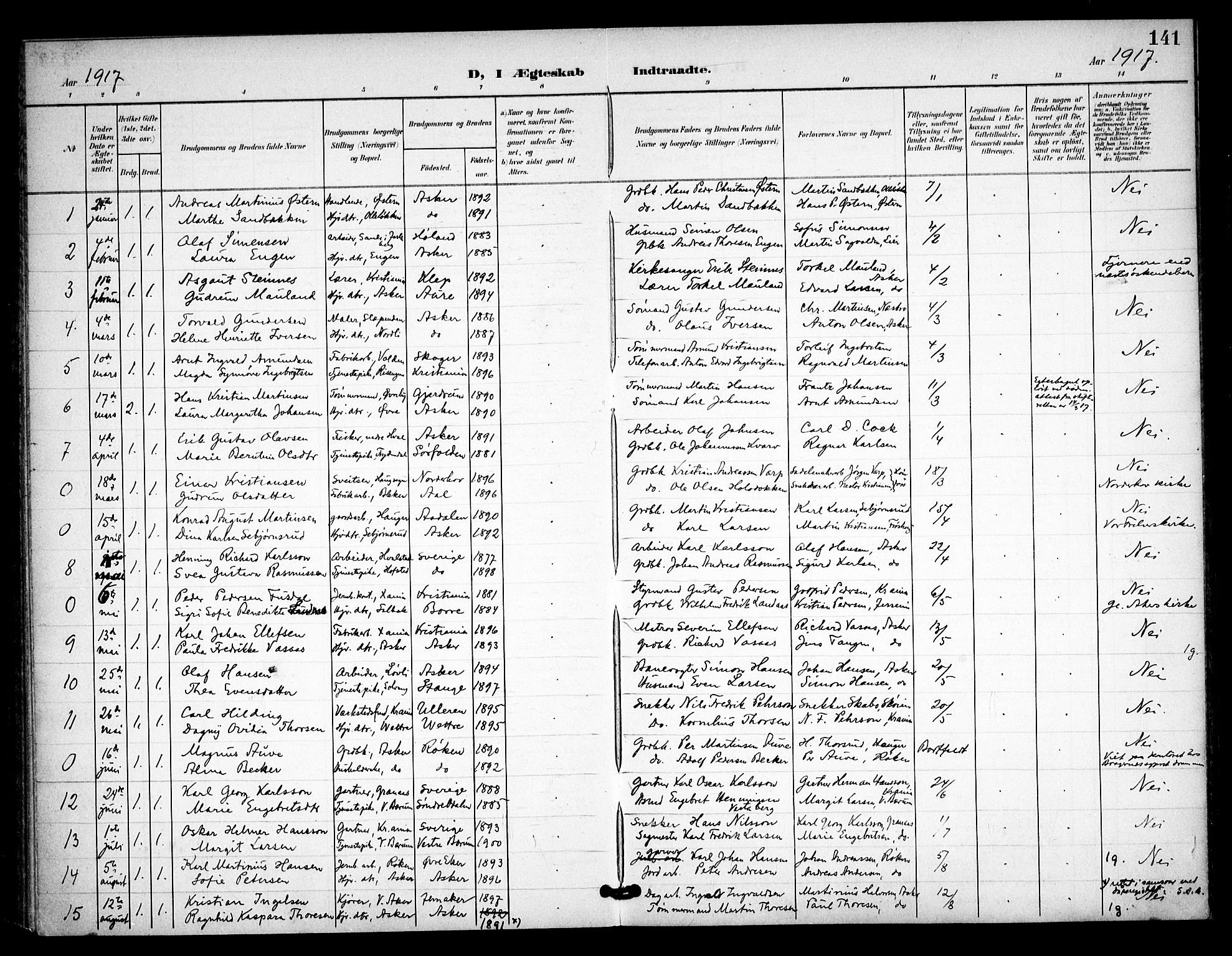 Asker prestekontor Kirkebøker, SAO/A-10256a/F/Fa/L0016: Parish register (official) no. I 16, 1900-1917, p. 141