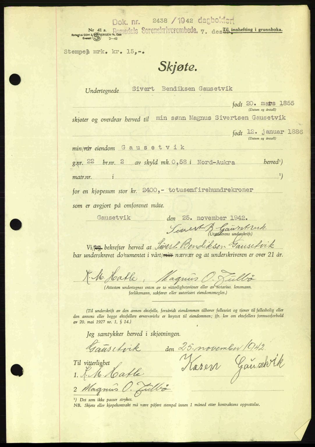 Romsdal sorenskriveri, AV/SAT-A-4149/1/2/2C: Mortgage book no. A13, 1942-1943, Diary no: : 2438/1942