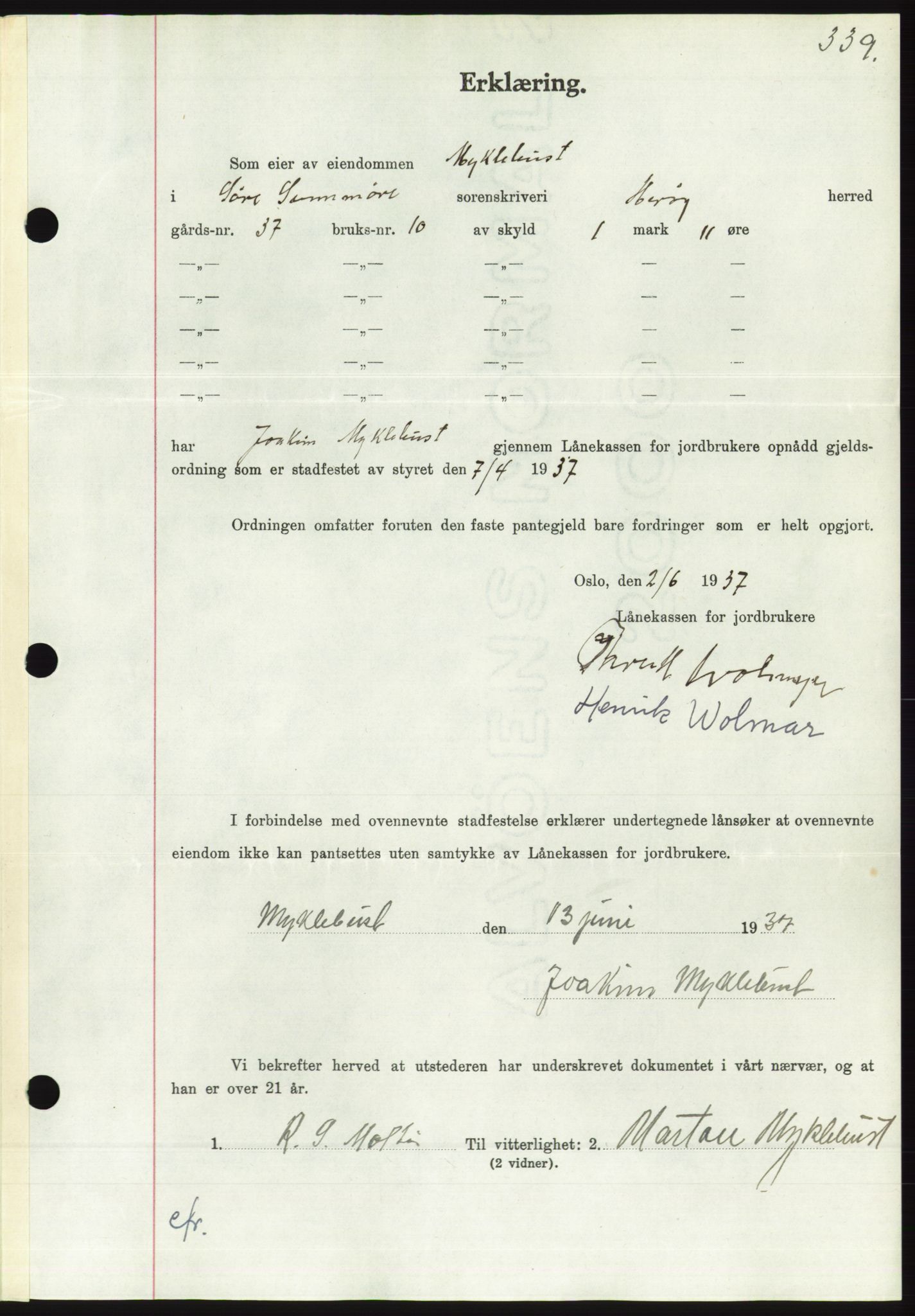 Søre Sunnmøre sorenskriveri, AV/SAT-A-4122/1/2/2C/L0063: Mortgage book no. 57, 1937-1937, Diary no: : 982/1937