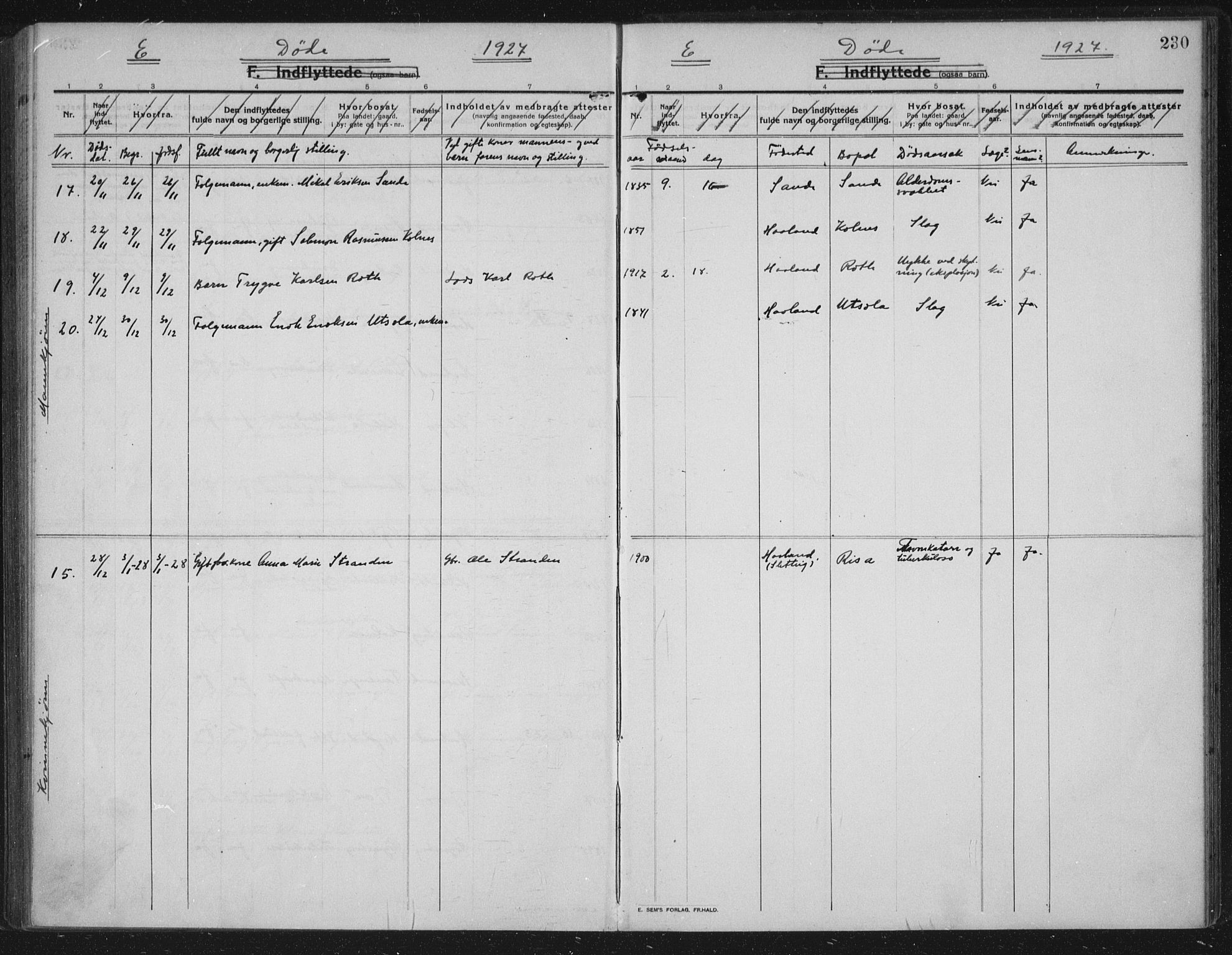 Håland sokneprestkontor, AV/SAST-A-101802/002/C/L0001: Parish register (official) no. A 14, 1913-1927, p. 230