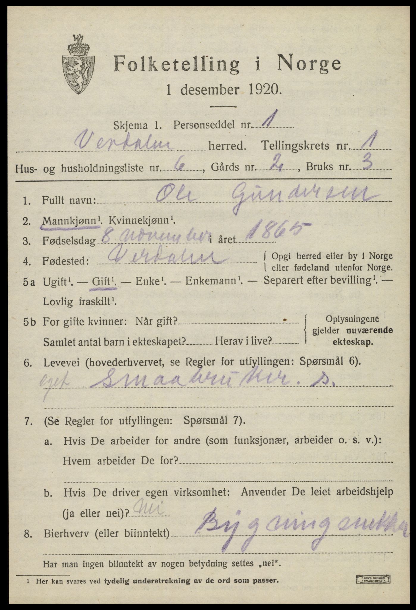 SAT, 1920 census for Verdal, 1920, p. 2373