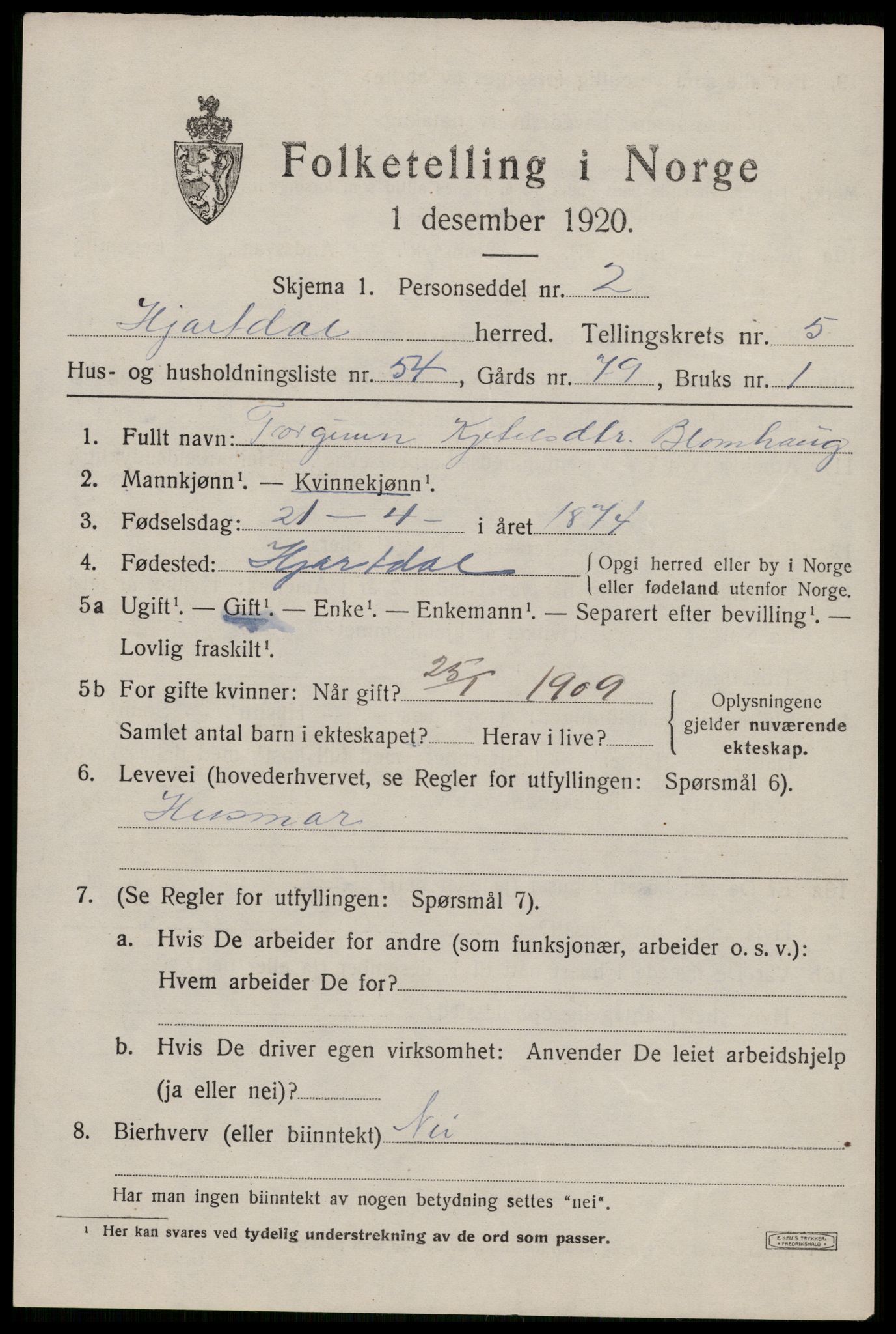 SAKO, 1920 census for Hjartdal, 1920, p. 4004