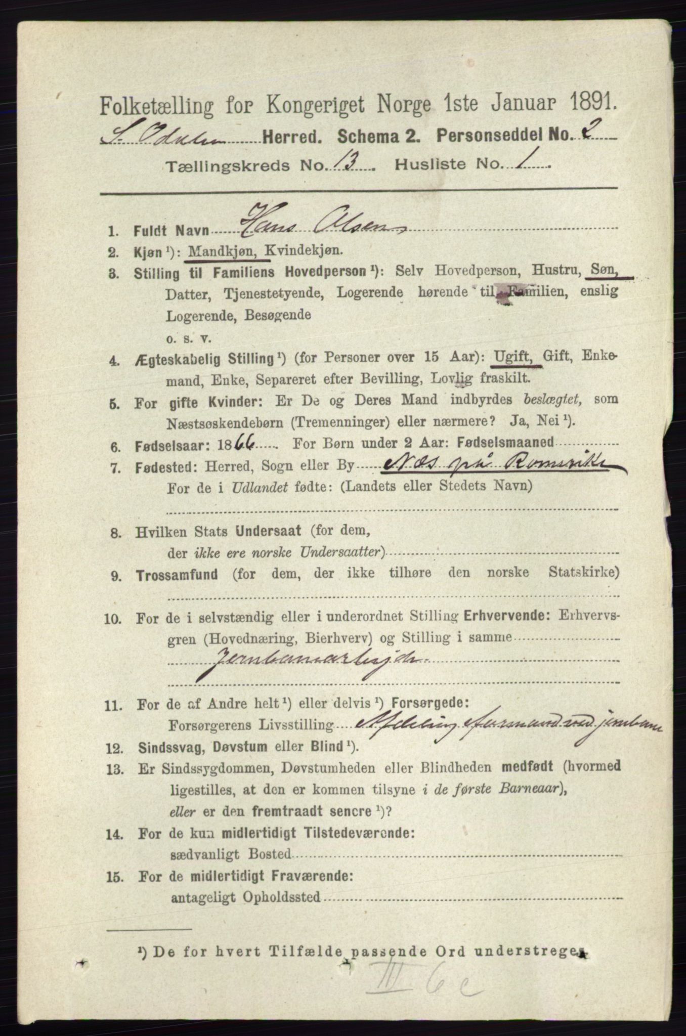 RA, 1891 census for 0419 Sør-Odal, 1891, p. 5563