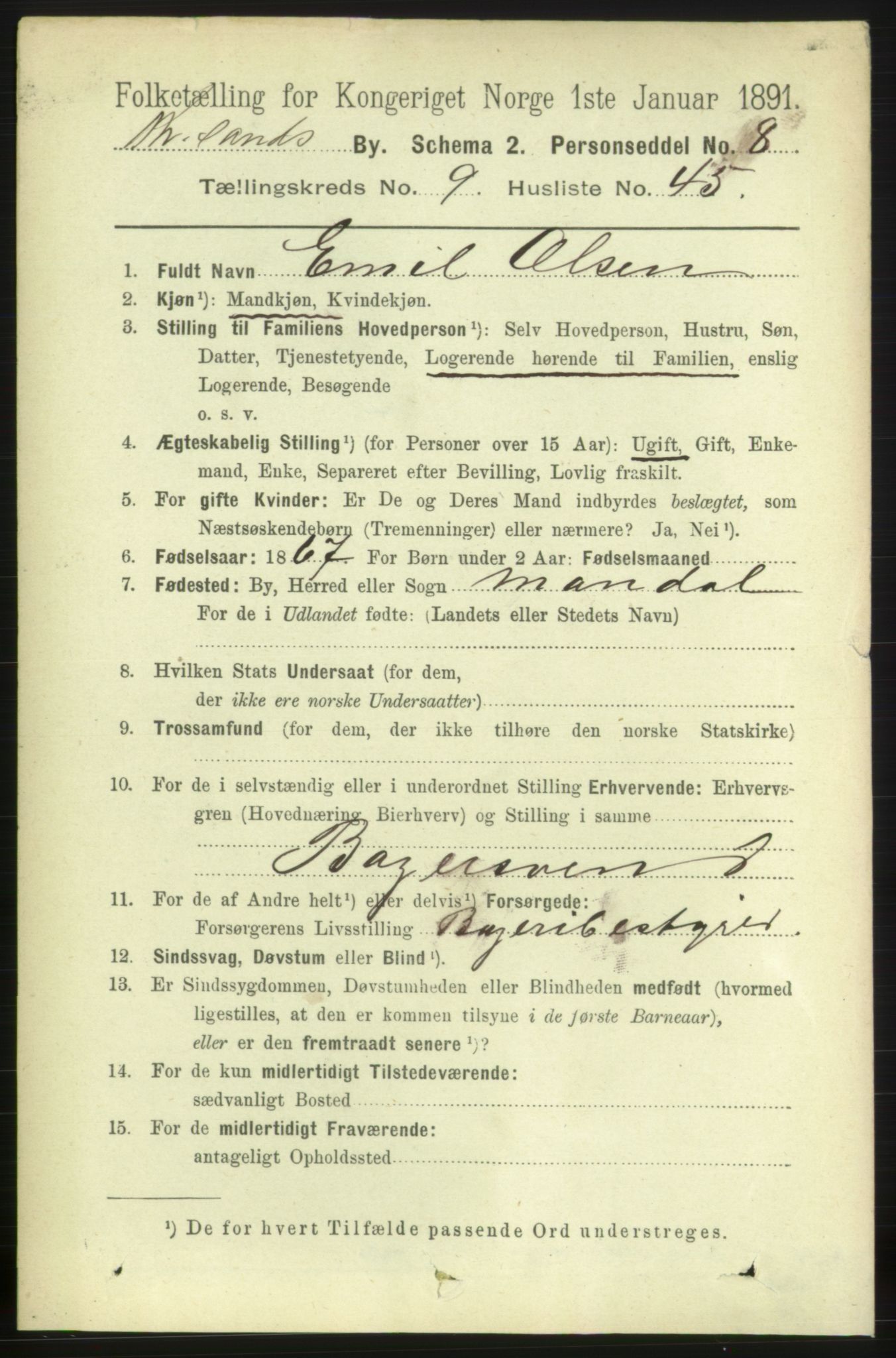 RA, 1891 census for 1001 Kristiansand, 1891, p. 5398