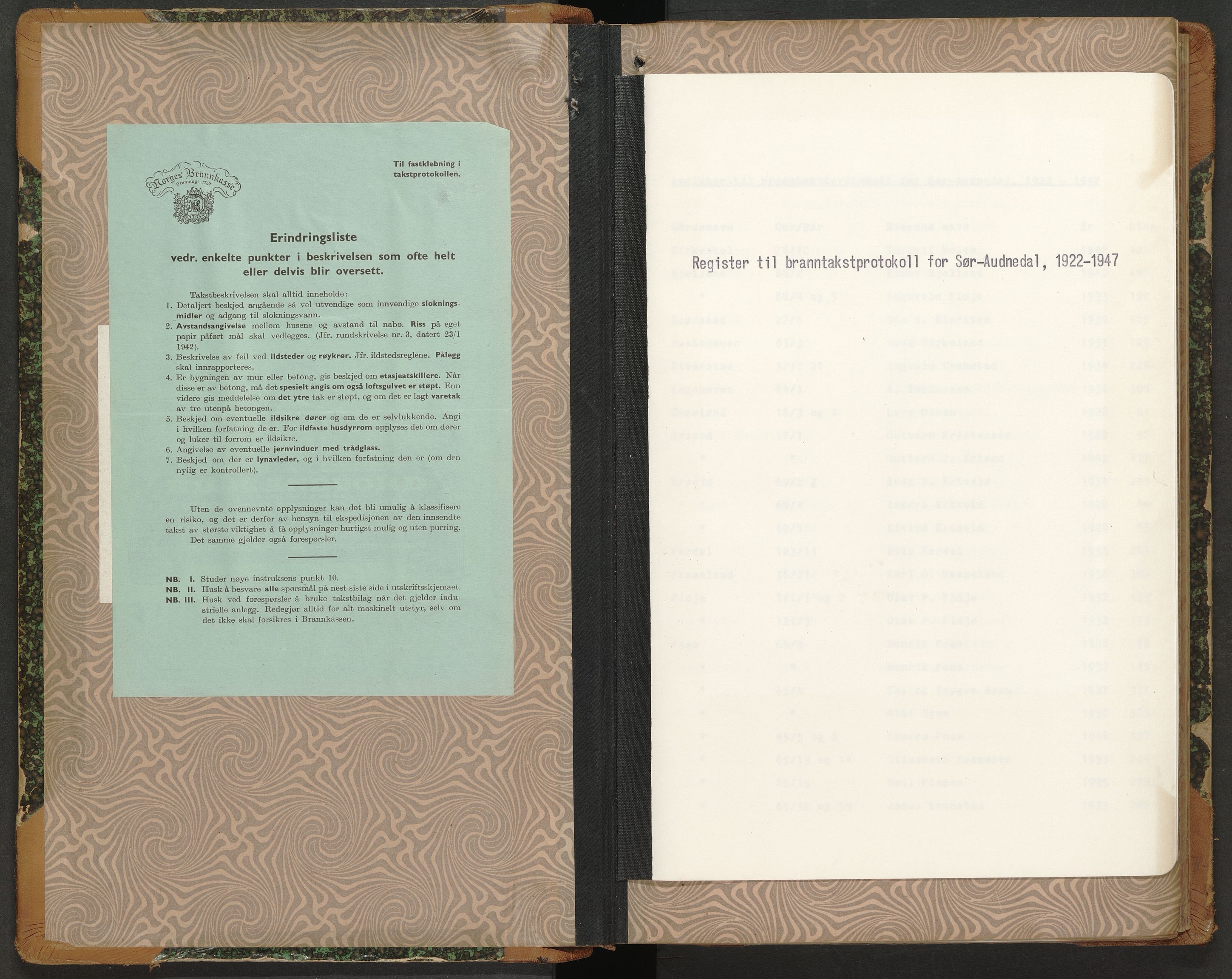 Norges Brannkasse Sør-Audnedal, AV/SAK-2241-0048/F/Fa/L0004: Branntakstprotokoll nr. 4 med gårdsnavnregister, 1922-1947