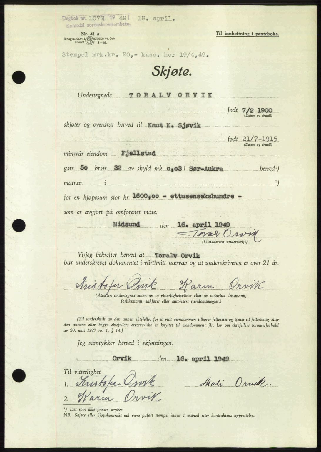 Romsdal sorenskriveri, AV/SAT-A-4149/1/2/2C: Mortgage book no. A29, 1949-1949, Diary no: : 1077/1949