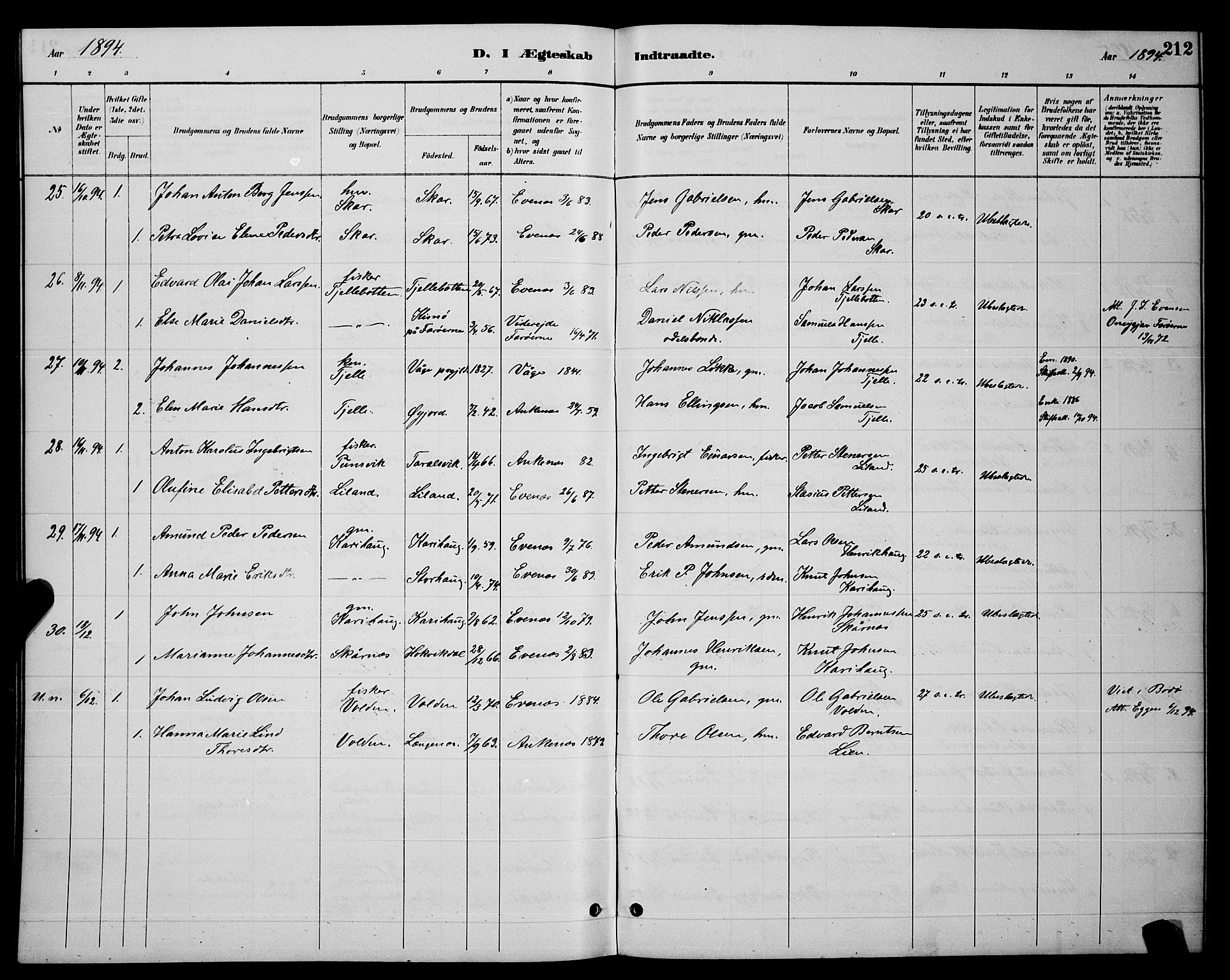 Ministerialprotokoller, klokkerbøker og fødselsregistre - Nordland, AV/SAT-A-1459/863/L0914: Parish register (copy) no. 863C04, 1886-1897, p. 212