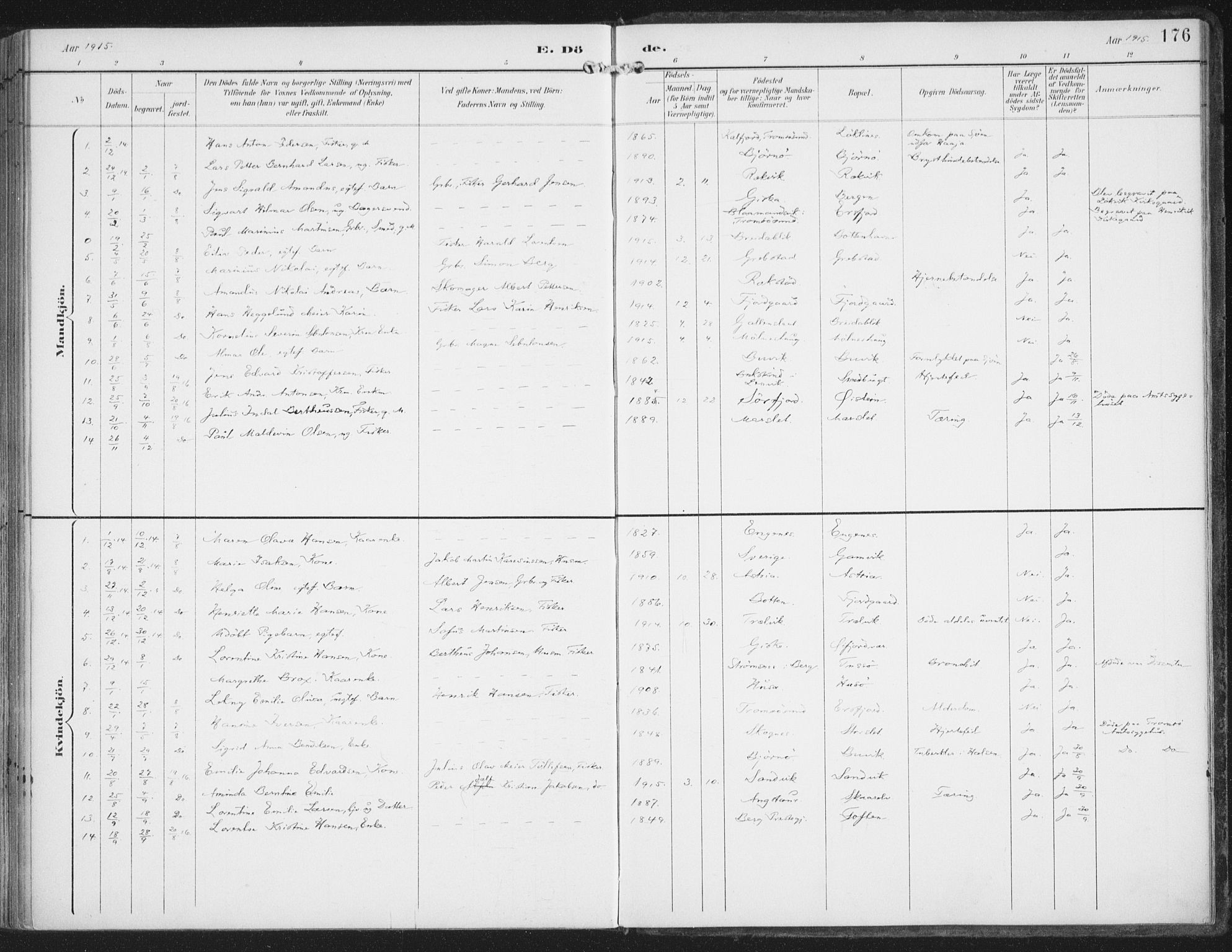 Lenvik sokneprestembete, SATØ/S-1310/H/Ha/Haa/L0015kirke: Parish register (official) no. 15, 1896-1915, p. 176