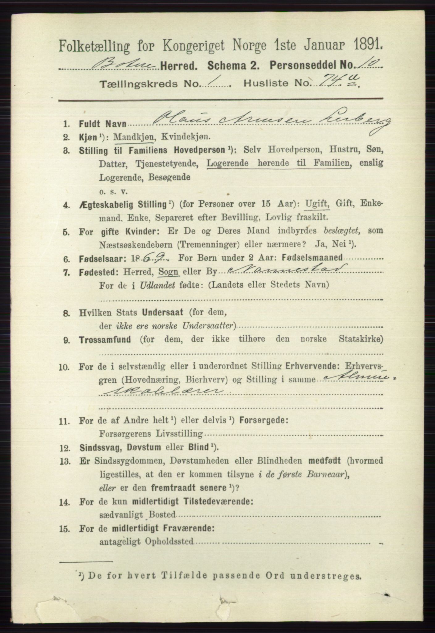 RA, 1891 census for 0715 Botne, 1891, p. 581