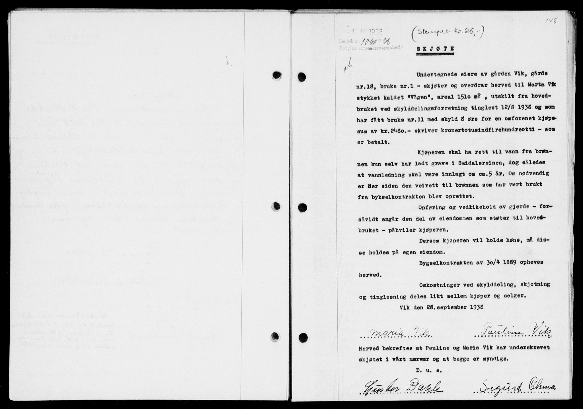 Ryfylke tingrett, SAST/A-100055/001/II/IIB/L0078: Mortgage book no. 57, 1938-1938, Diary no: : 1060/1938