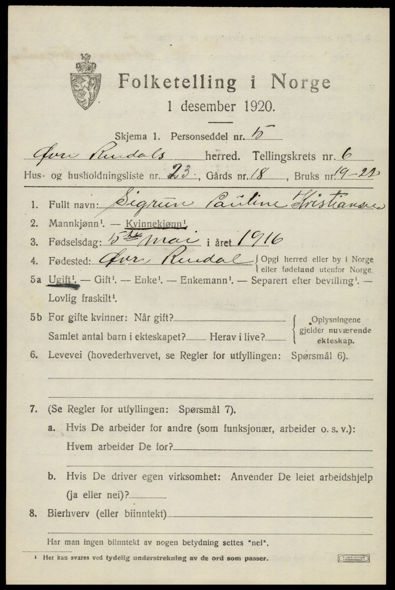 SAH, 1920 census for Øvre Rendal, 1920, p. 2441