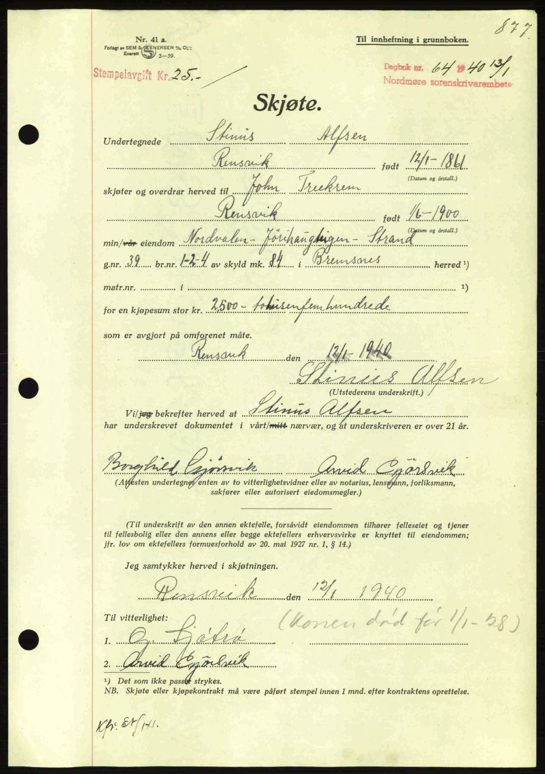 Nordmøre sorenskriveri, AV/SAT-A-4132/1/2/2Ca: Mortgage book no. A87, 1939-1940, Diary no: : 64/1940