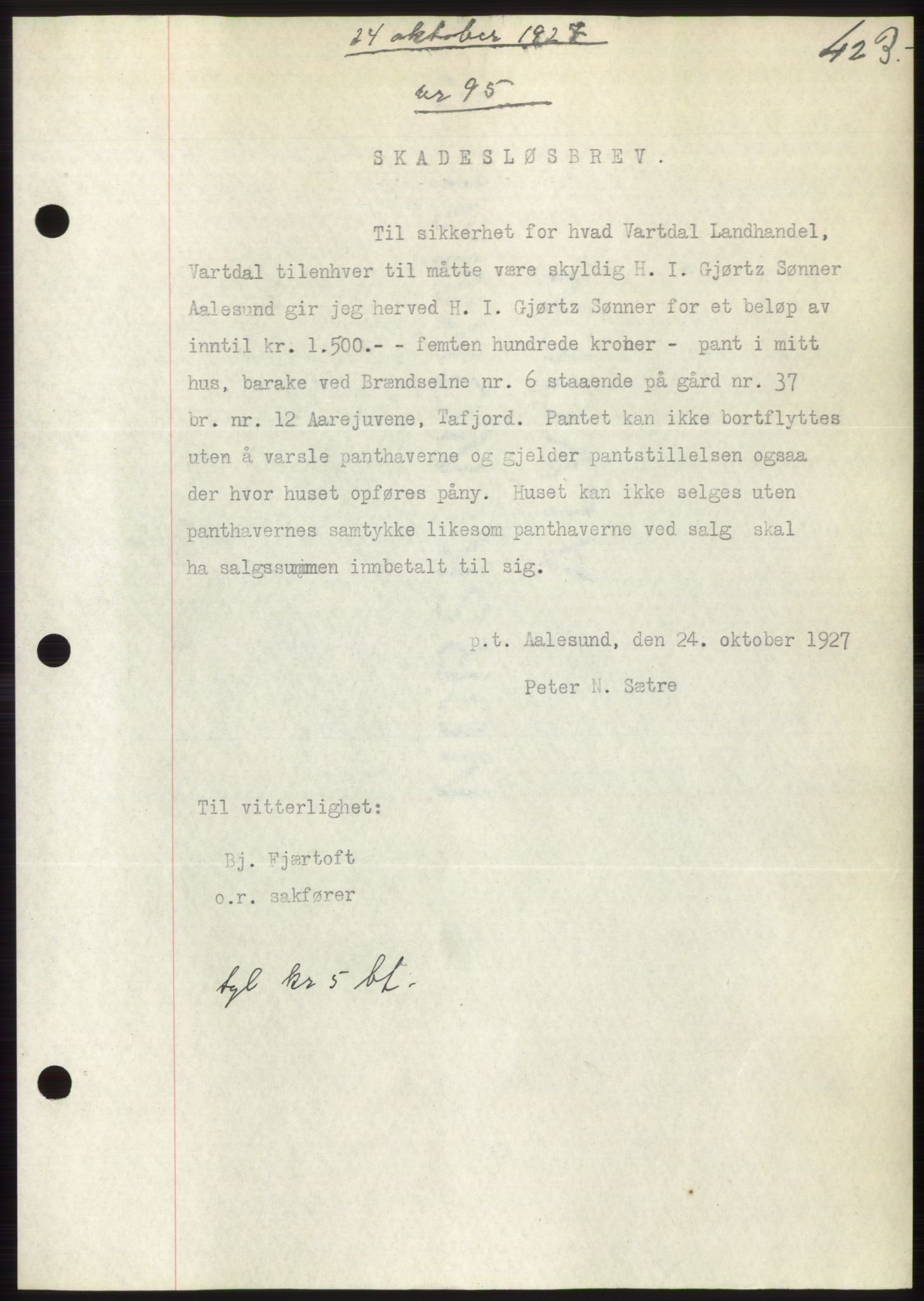 Nordre Sunnmøre sorenskriveri, AV/SAT-A-0006/1/2/2C/2Ca/L0037: Mortgage book no. 40, 1927-1927, Deed date: 24.10.1927