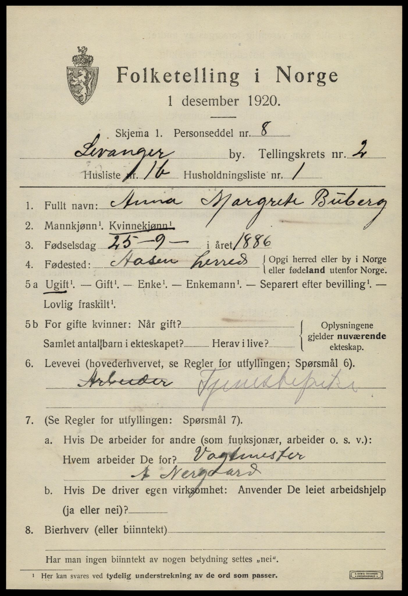 SAT, 1920 census for Levanger town, 1920, p. 2802