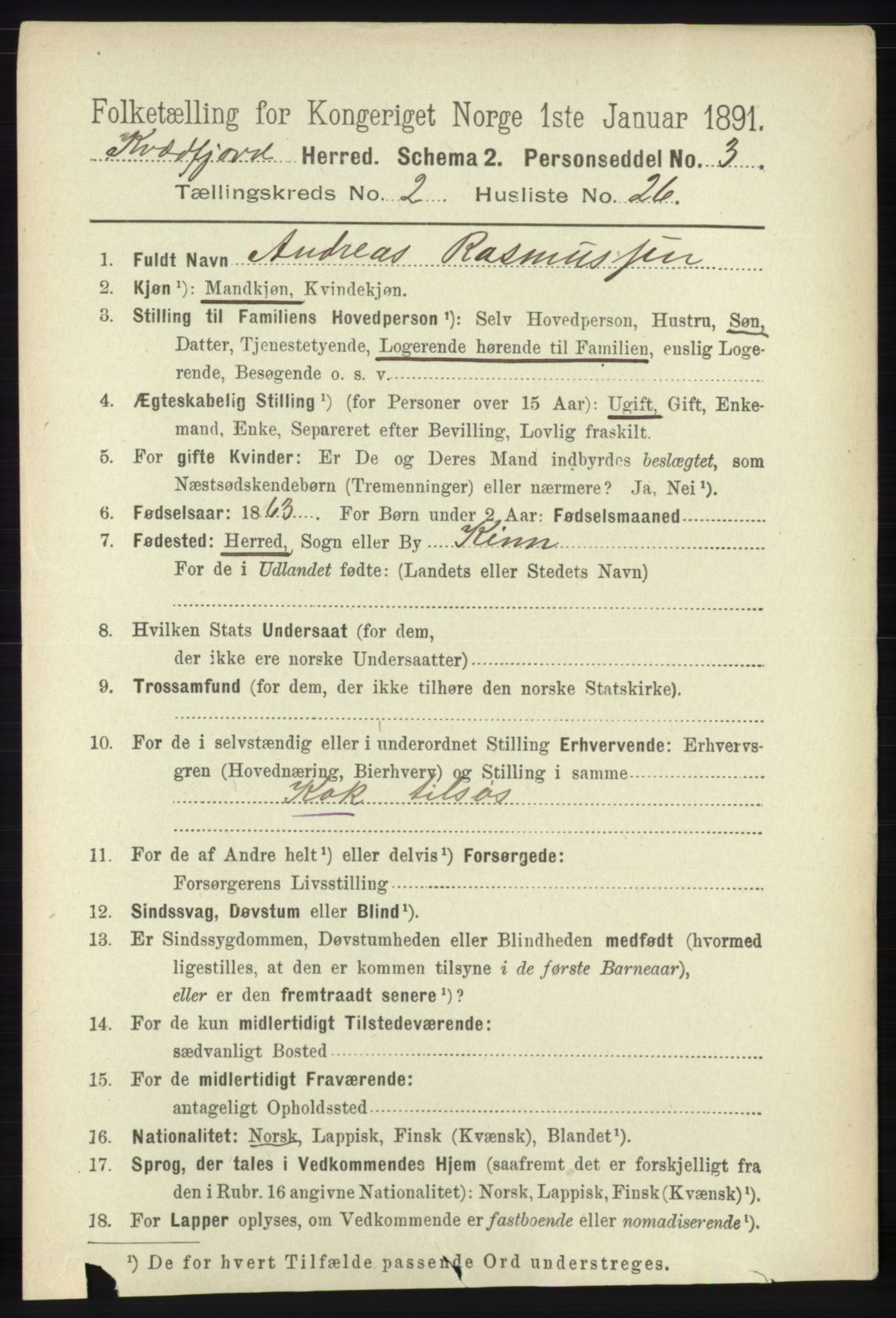 RA, 1891 census for 1911 Kvæfjord, 1891, p. 884