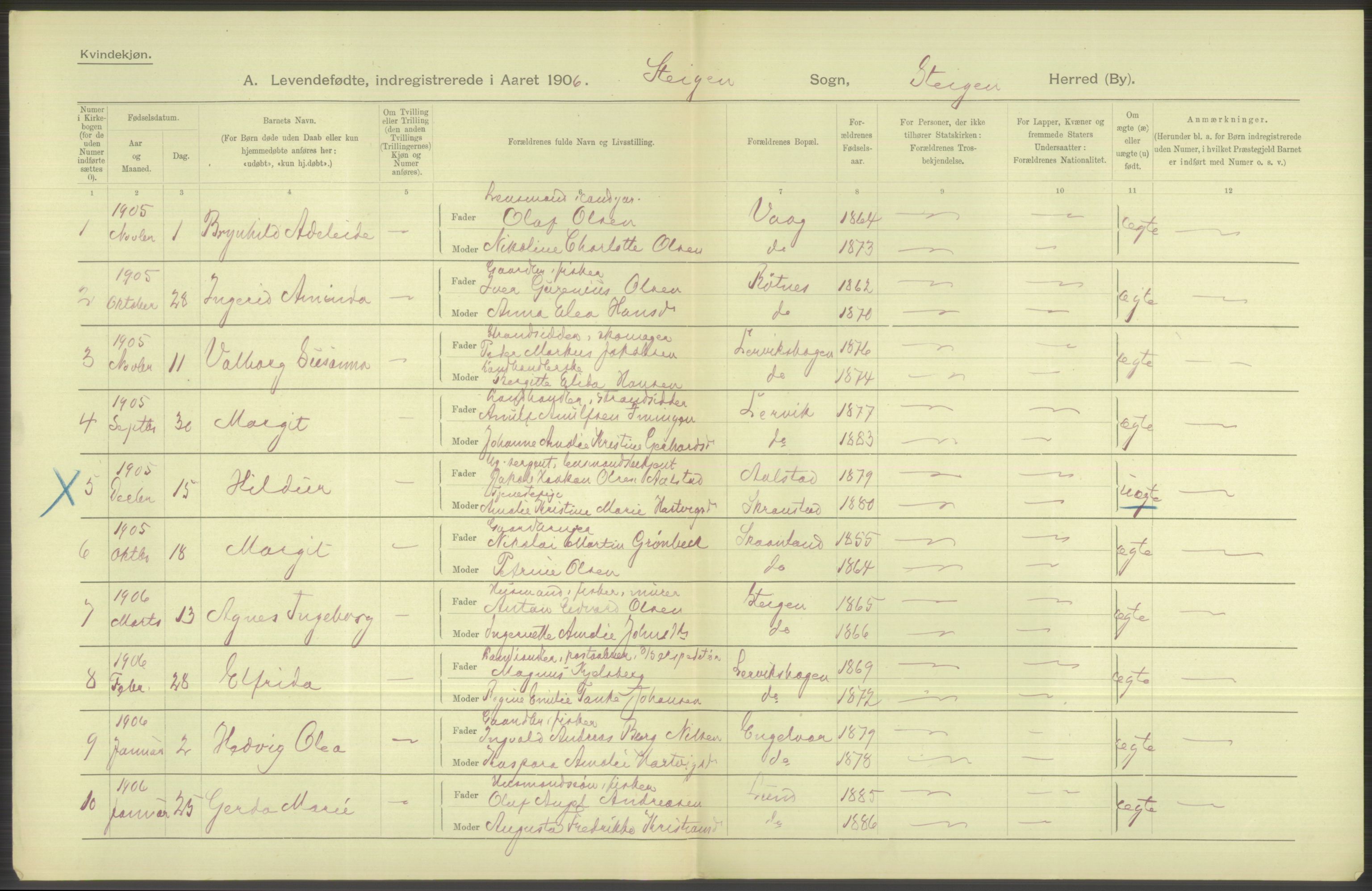 Statistisk sentralbyrå, Sosiodemografiske emner, Befolkning, AV/RA-S-2228/D/Df/Dfa/Dfad/L0044: Nordlands amt: Levendefødte menn og kvinner. Bygder., 1906, p. 170