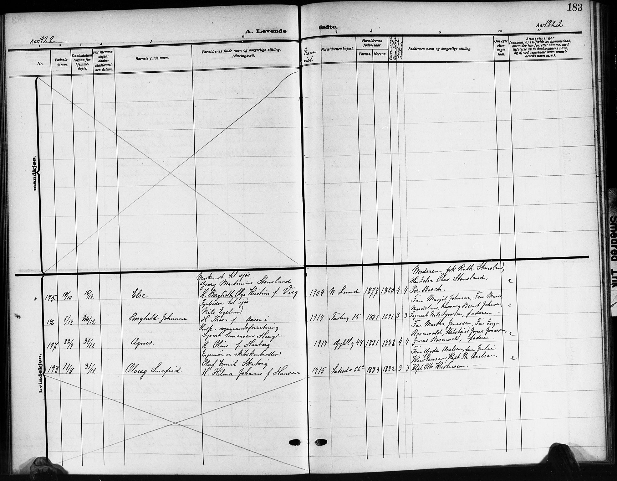 Kristiansand domprosti, SAK/1112-0006/F/Fb/L0021: Parish register (copy) no. B 21, 1914-1923, p. 183