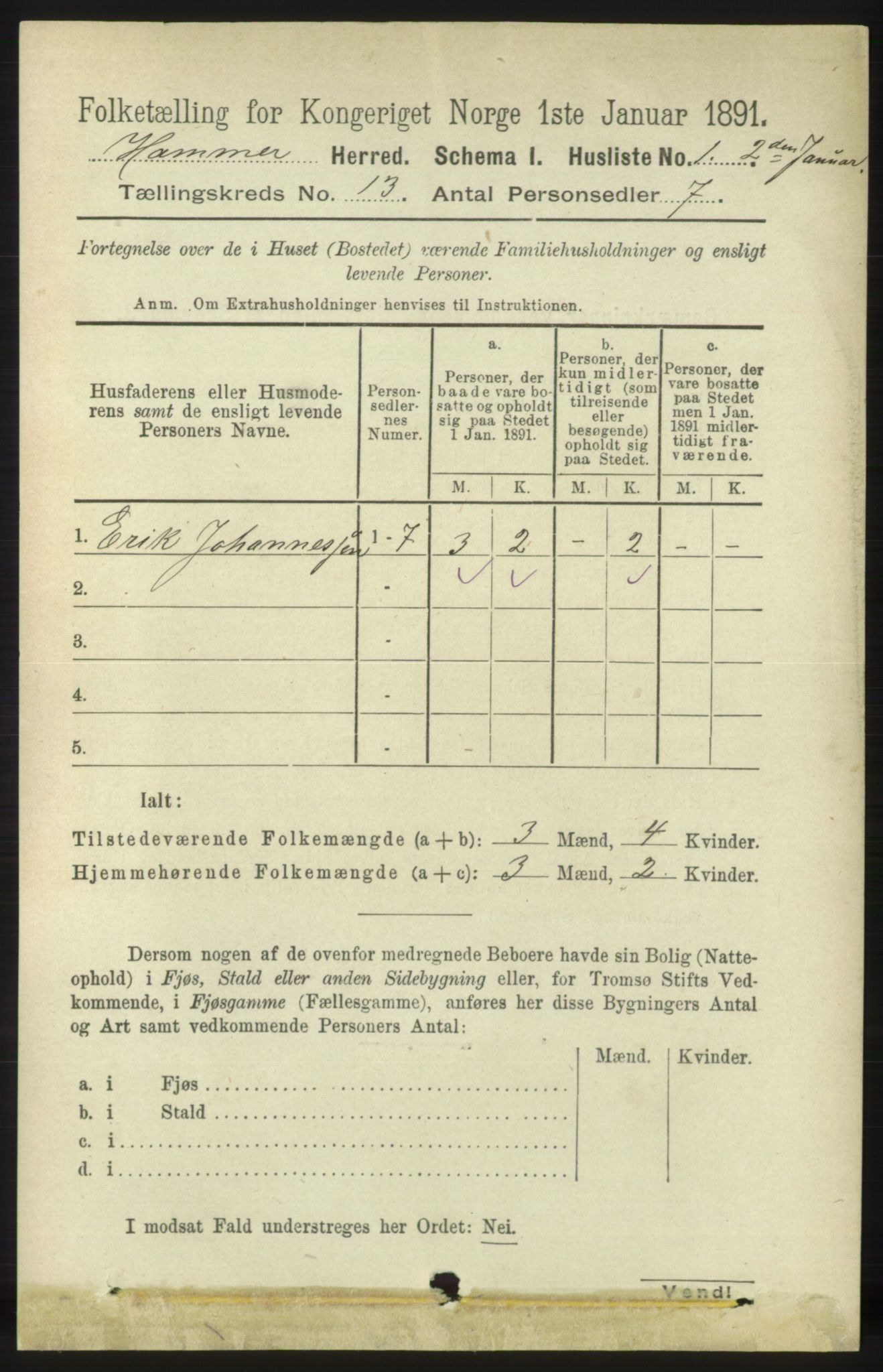RA, 1891 census for 1254 Hamre, 1891, p. 3945