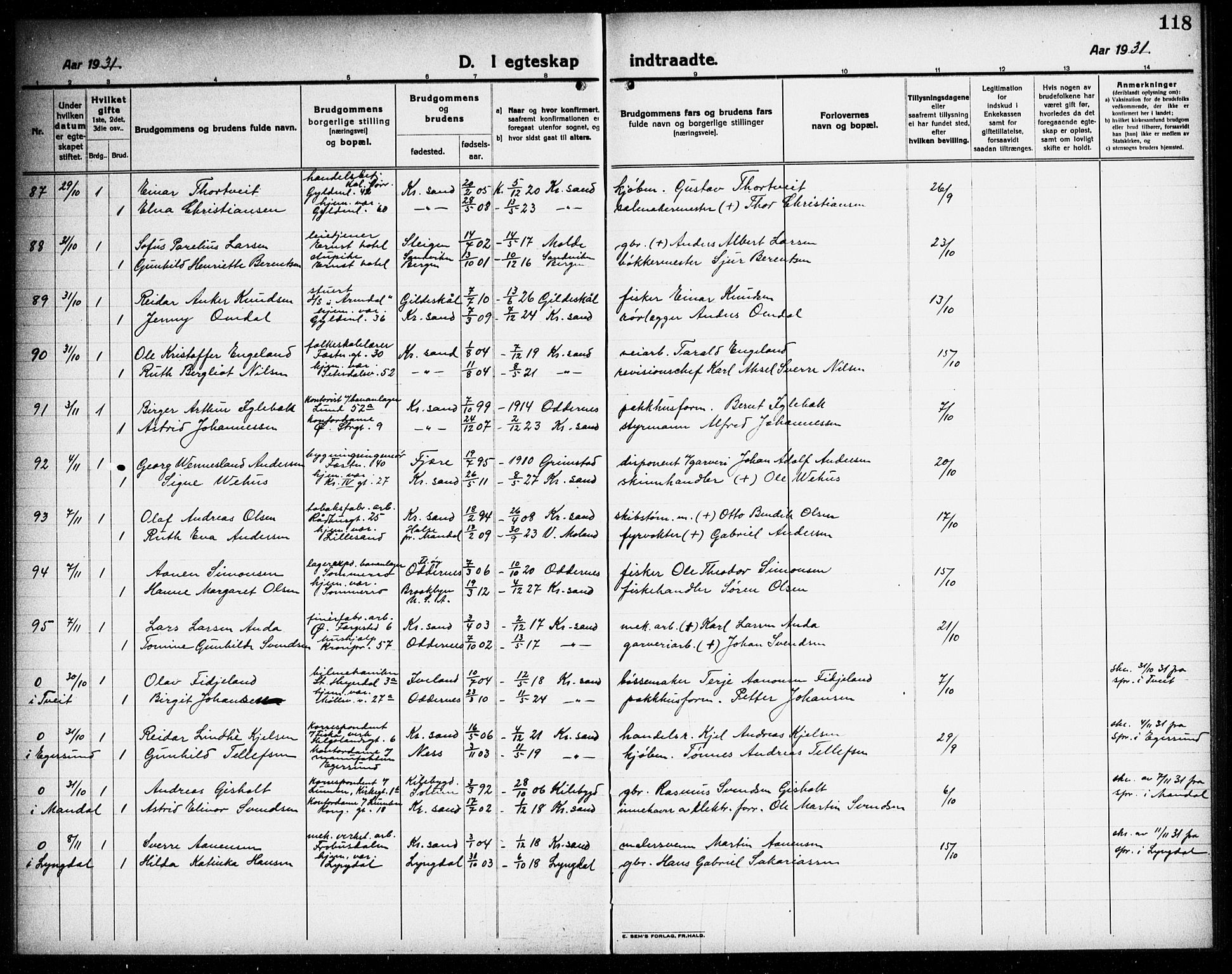 Kristiansand domprosti, AV/SAK-1112-0006/F/Fb/L0023: Parish register (copy) no. B 23, 1921-1937, p. 118