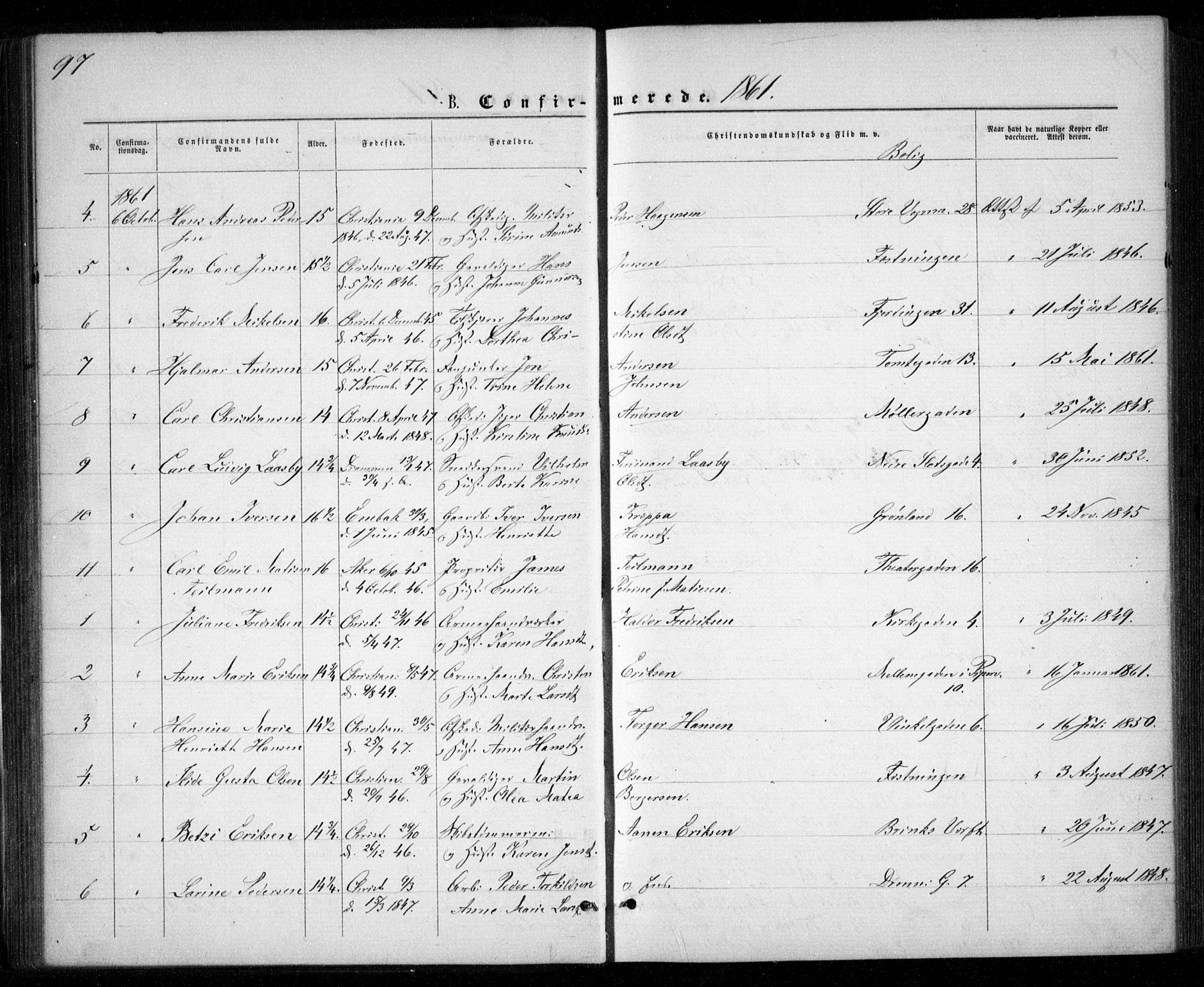 Garnisonsmenigheten Kirkebøker, SAO/A-10846/G/Ga/L0006: Parish register (copy) no. 6, 1860-1880, p. 97