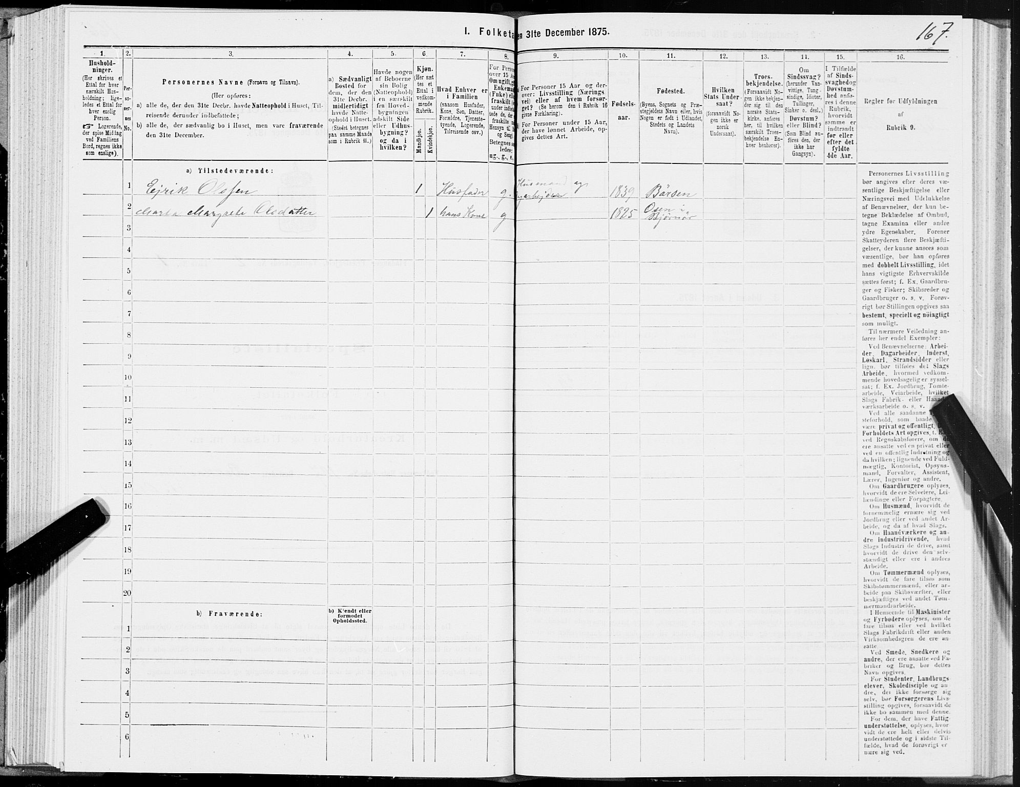 SAT, 1875 census for 1749P Flatanger, 1875, p. 1167