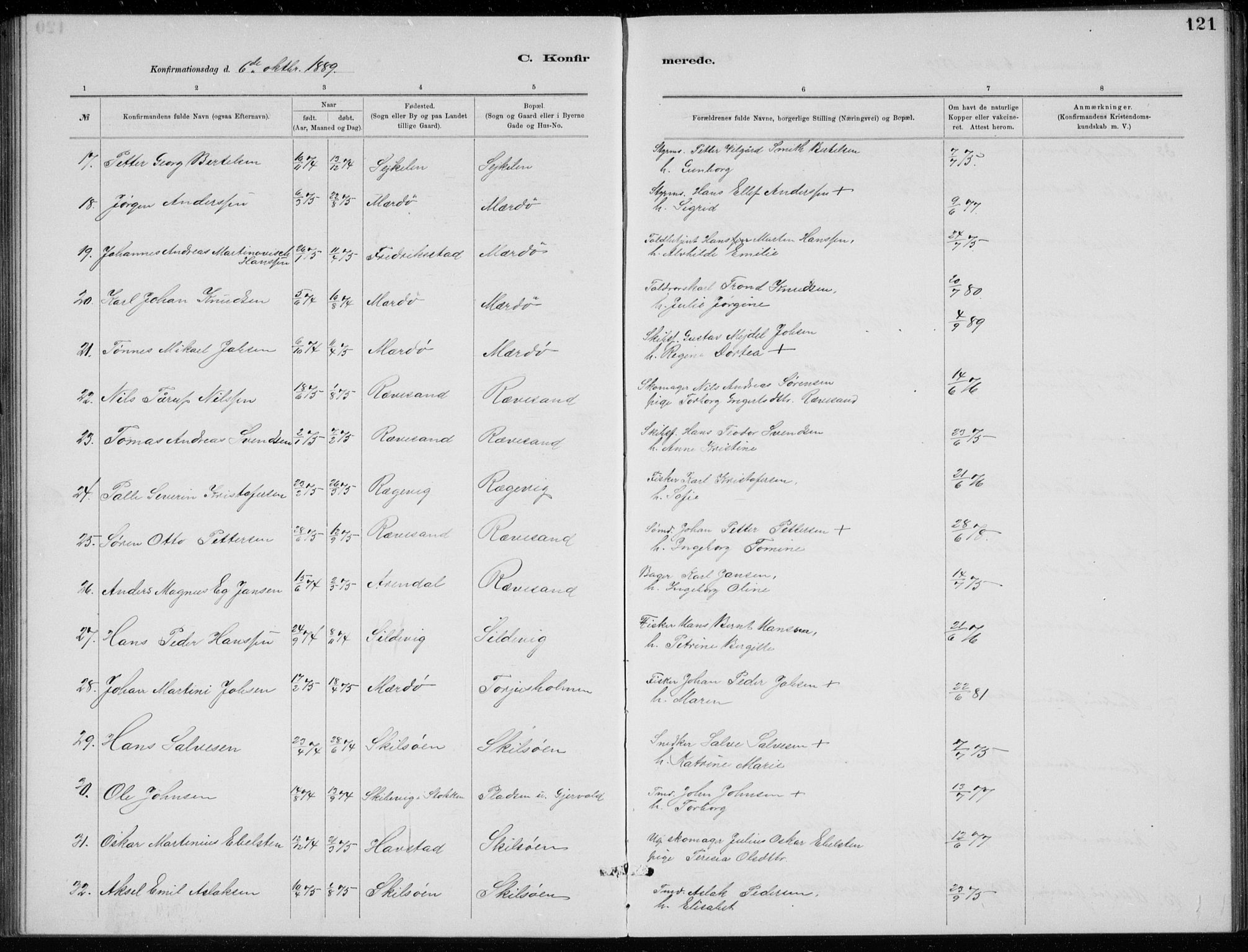 Tromøy sokneprestkontor, SAK/1111-0041/F/Fb/L0005: Parish register (copy) no. B 5, 1877-1891, p. 121