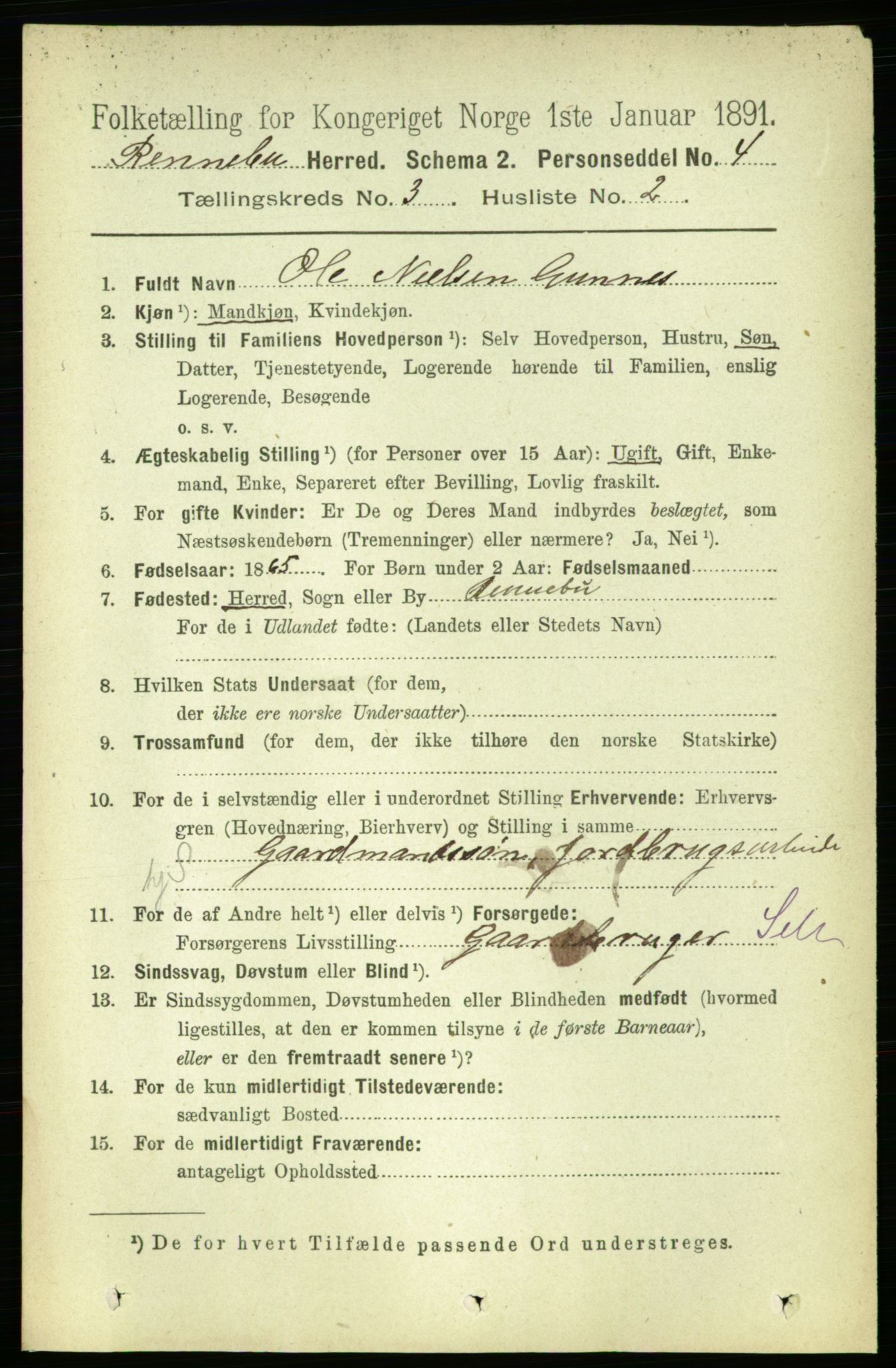 RA, 1891 census for 1635 Rennebu, 1891, p. 1398