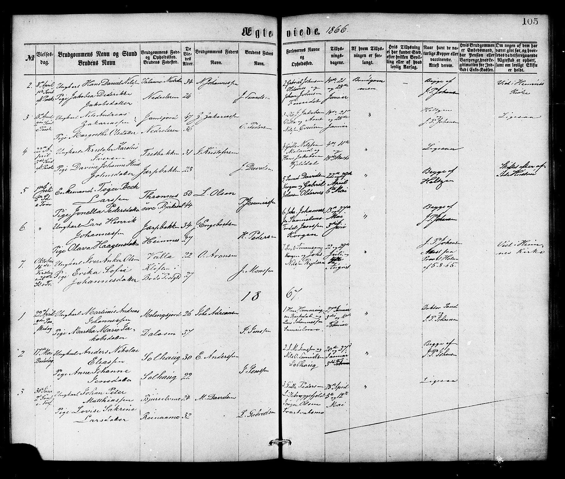 Ministerialprotokoller, klokkerbøker og fødselsregistre - Nordland, AV/SAT-A-1459/826/L0378: Parish register (official) no. 826A01, 1865-1878, p. 105