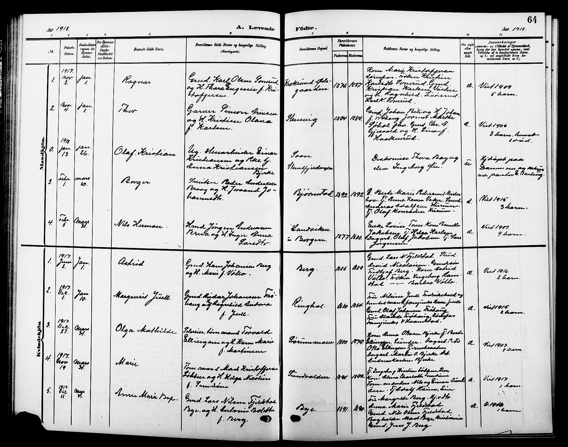 Hole kirkebøker, SAKO/A-228/G/Ga/L0004: Parish register (copy) no. I 4, 1905-1924, p. 64