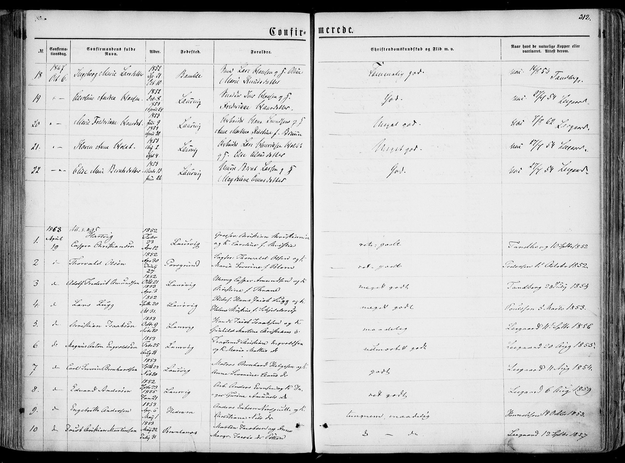 Larvik kirkebøker, AV/SAKO-A-352/F/Fa/L0004: Parish register (official) no. I 4, 1856-1870, p. 312