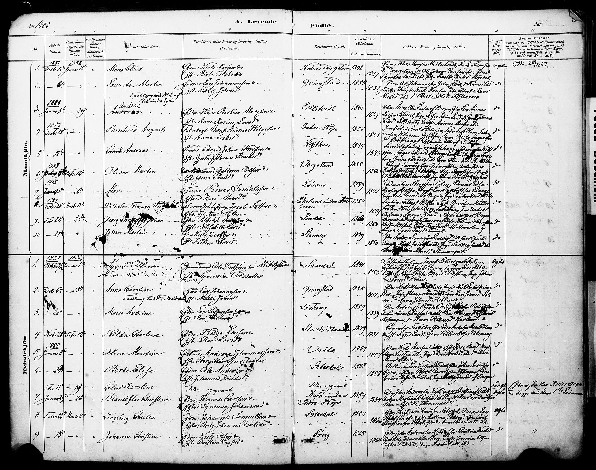 Fana Sokneprestembete, SAB/A-75101/H/Haa/Haai/L0002: Parish register (official) no. I 2, 1888-1899, p. 5