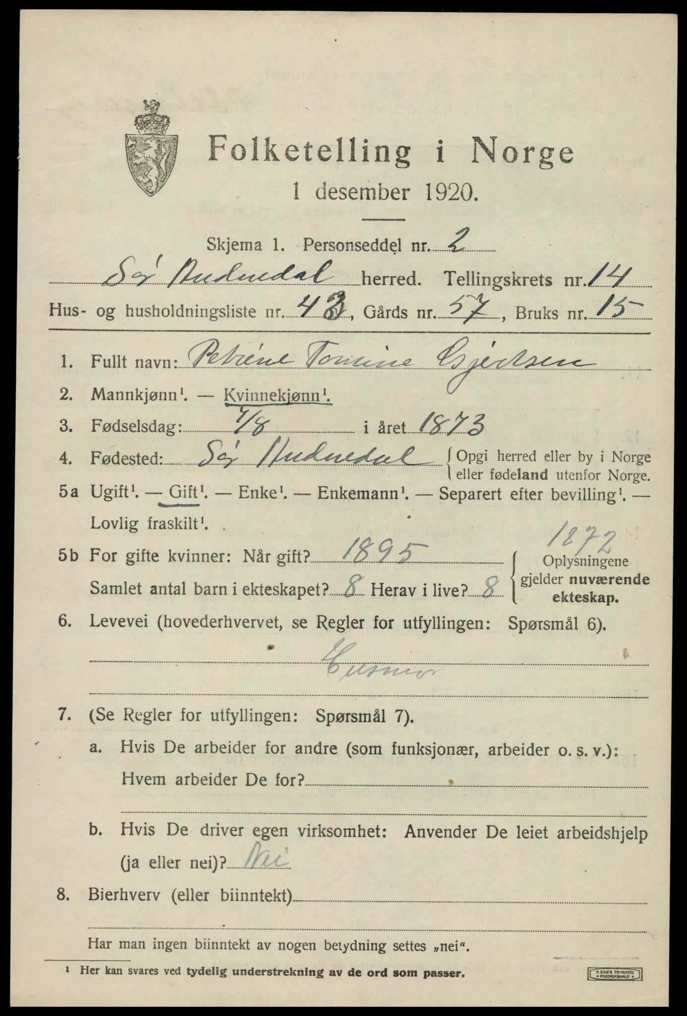 SAK, 1920 census for Sør-Audnedal, 1920, p. 5581