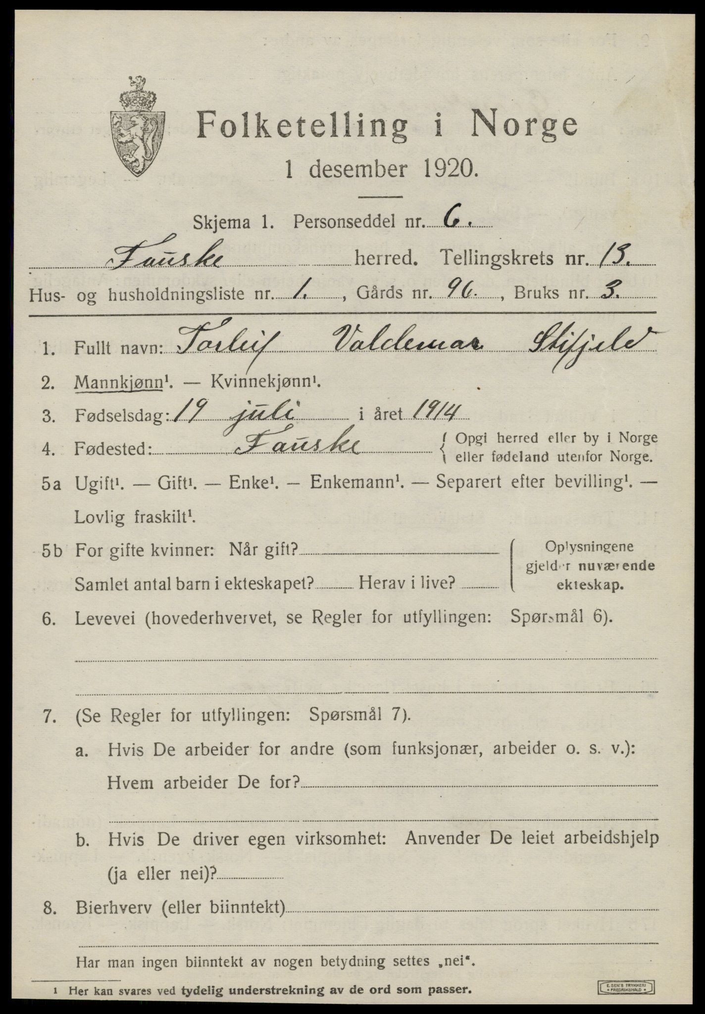 SAT, 1920 census for Fauske, 1920, p. 8370