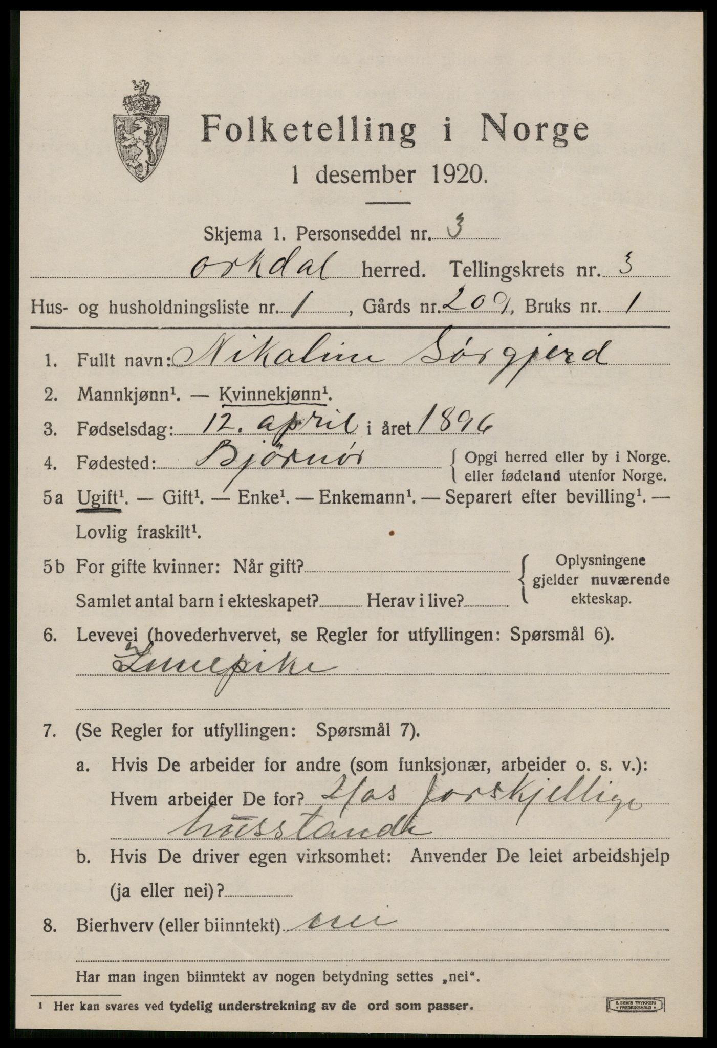 SAT, 1920 census for Orkdal, 1920, p. 3130