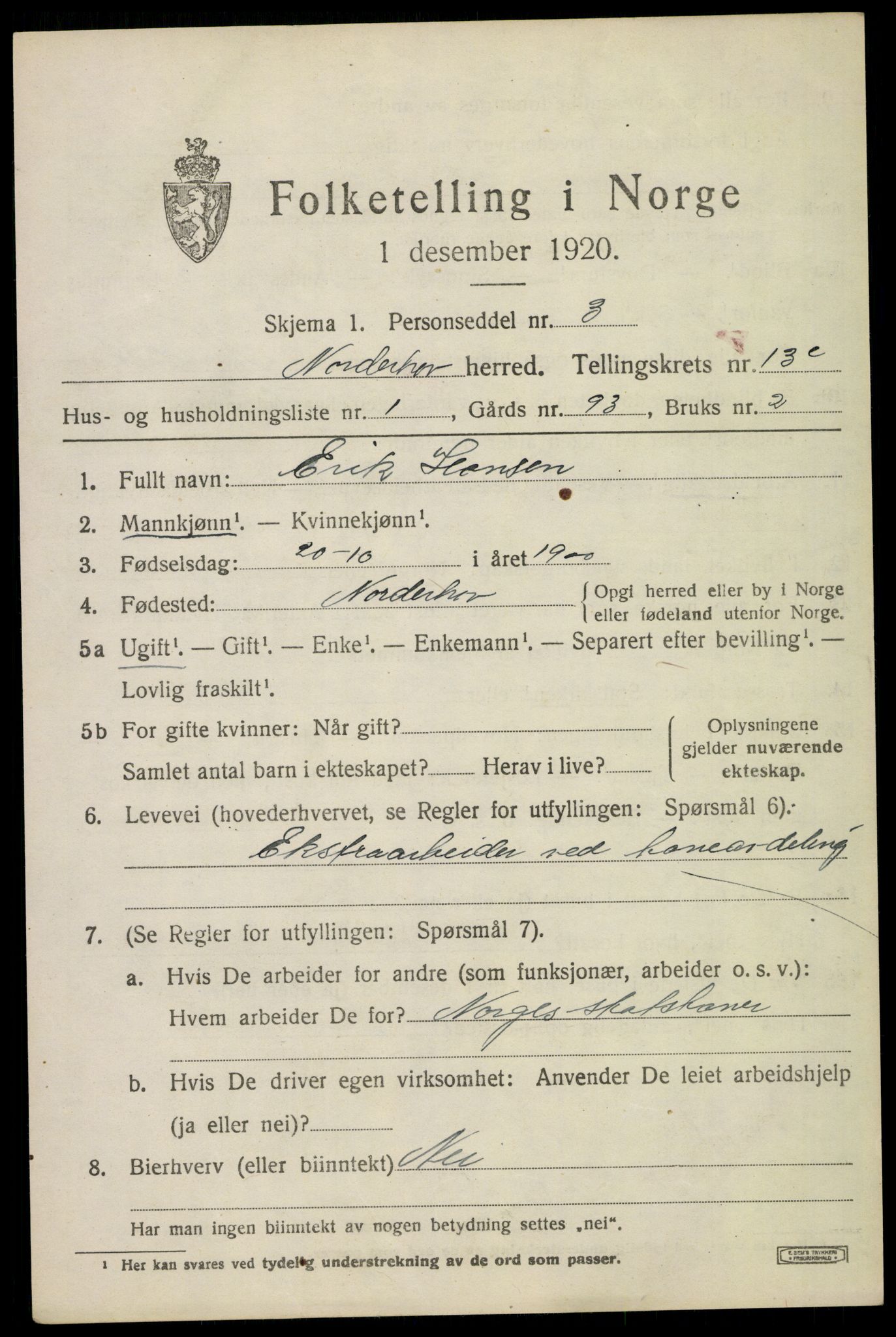 SAKO, 1920 census for Norderhov, 1920, p. 14556