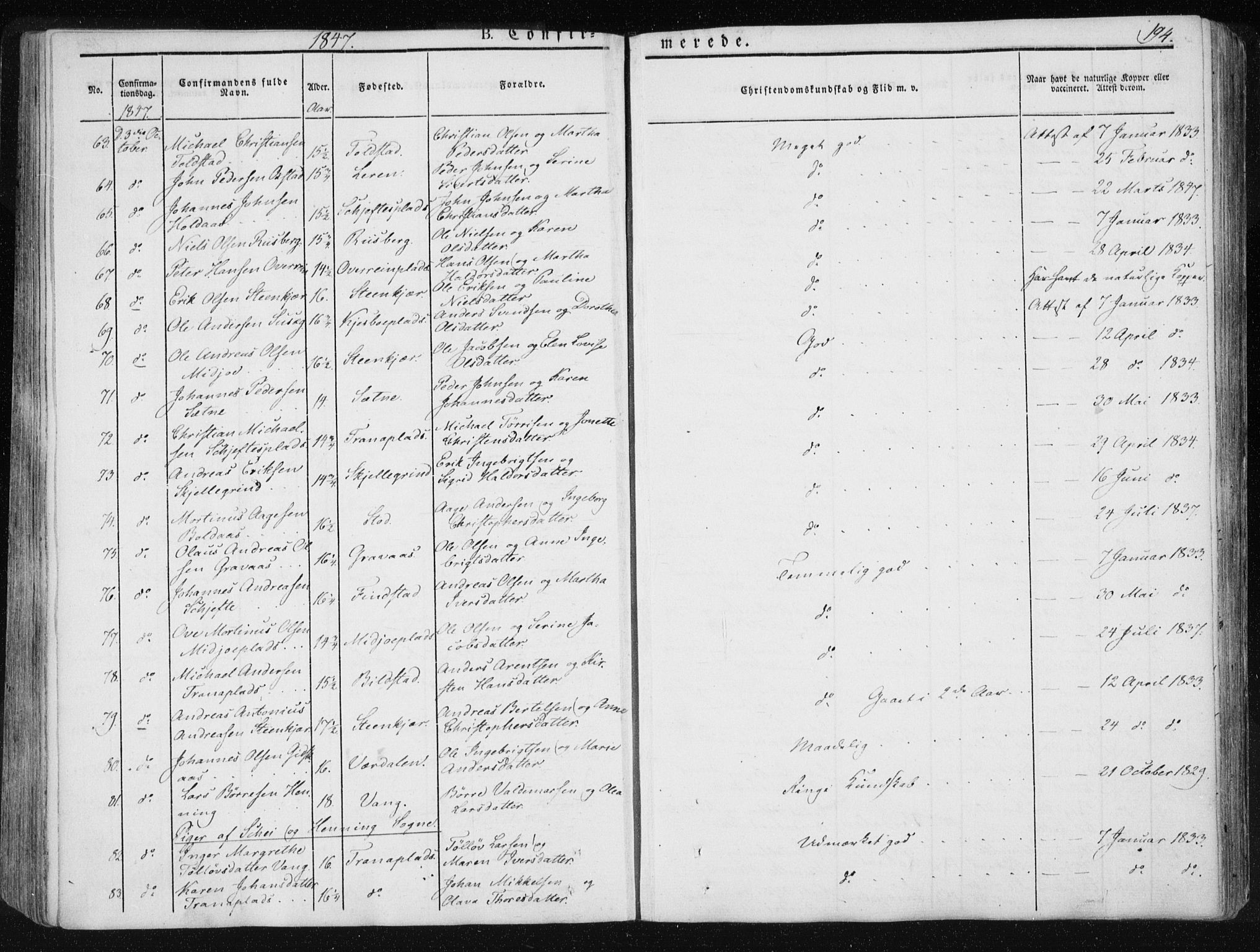 Ministerialprotokoller, klokkerbøker og fødselsregistre - Nord-Trøndelag, AV/SAT-A-1458/735/L0339: Parish register (official) no. 735A06 /1, 1836-1848, p. 194