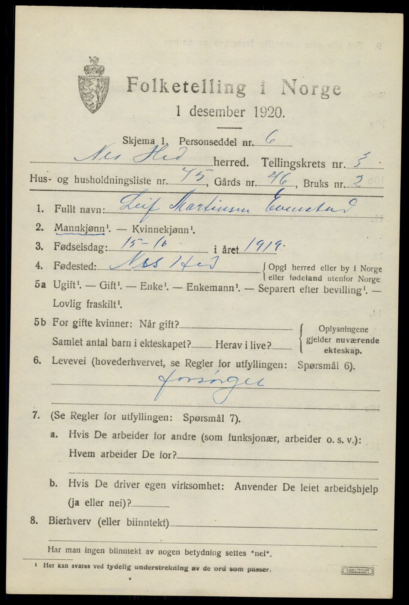 SAH, 1920 census for Nes (Hedmark), 1920, p. 5420