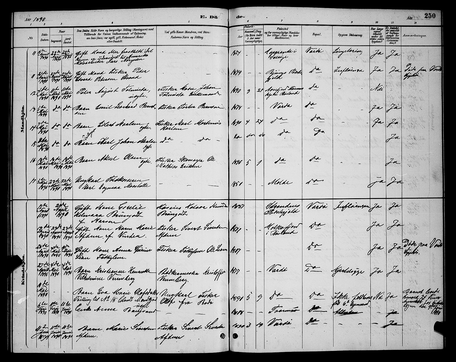 Vardø sokneprestkontor, SATØ/S-1332/H/Hb/L0005klokker: Parish register (copy) no. 5, 1887-1892, p. 250